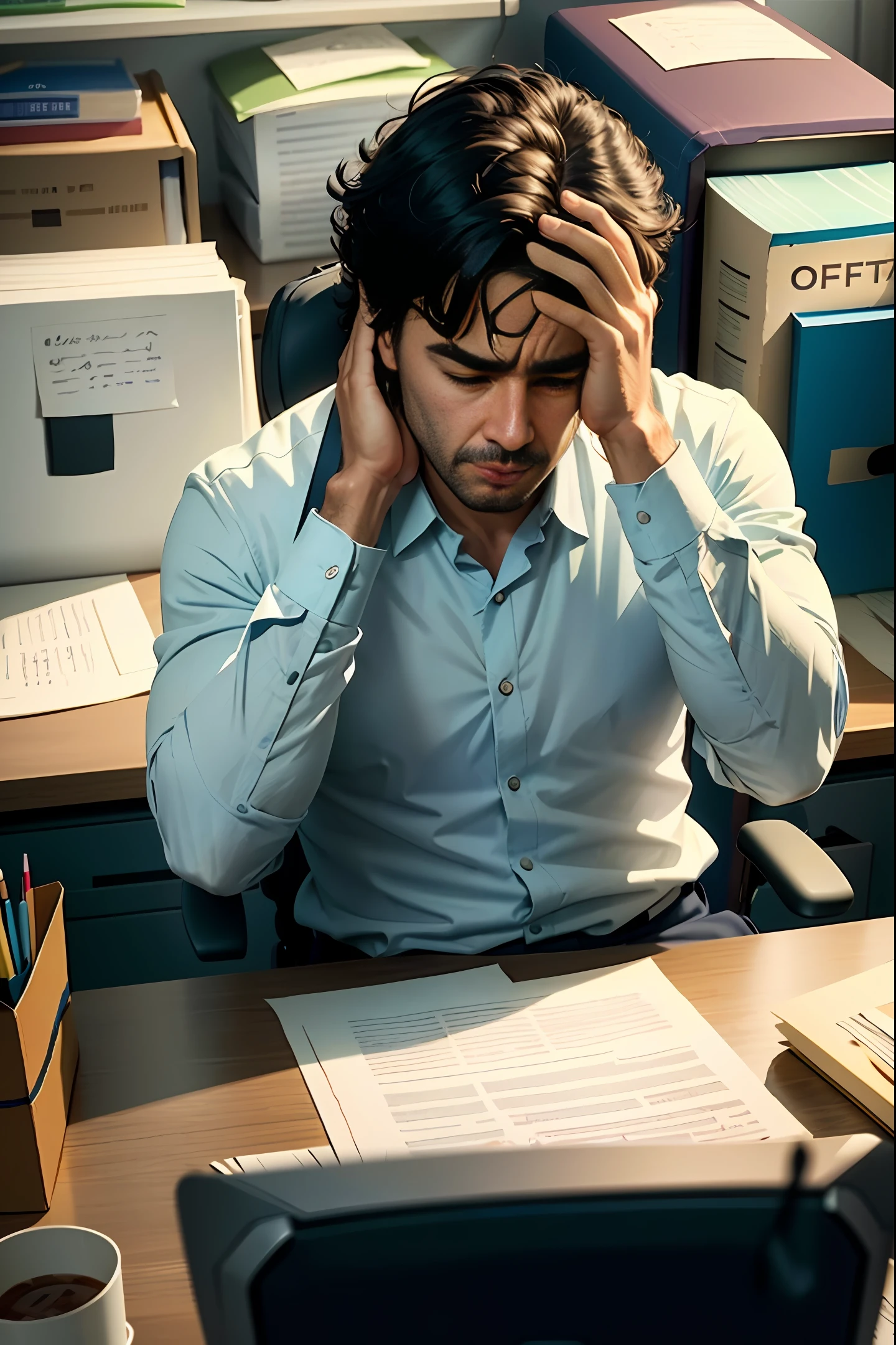 Depressed office, man sitting at desk, documents flying around, bust portrait, panorama, man takes only one third of the frame, man closes eyes and thinks, props head in hands, high definition illustration