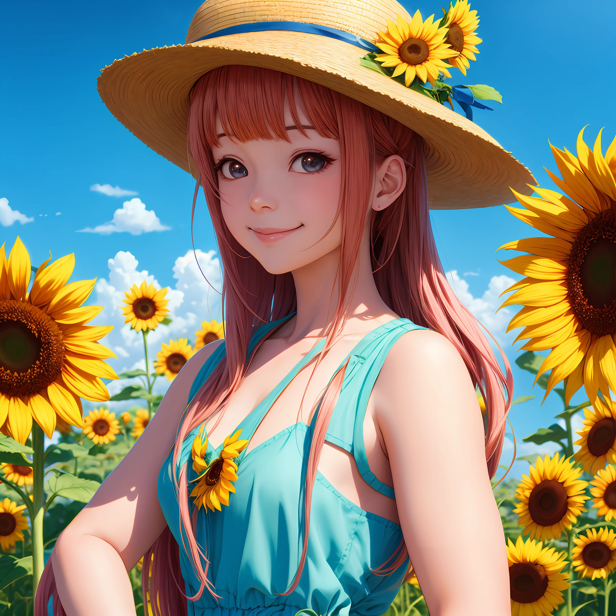 Anime girl with sunflower and straw hat in the field, anime manga by Yang J, pixiv, fantasy art, beautiful anime girl with sunflower, wearing a straw hat, guweiz style artwork, kawaii realistic portrait, super high resolution, sweet smile, realistic cute girl drawing, beautiful anime portrait, cute art style, beautiful character drawing, detailed portrait of anime girl, cute anime girl portrait, detailed background, realistic background, details enhanced.