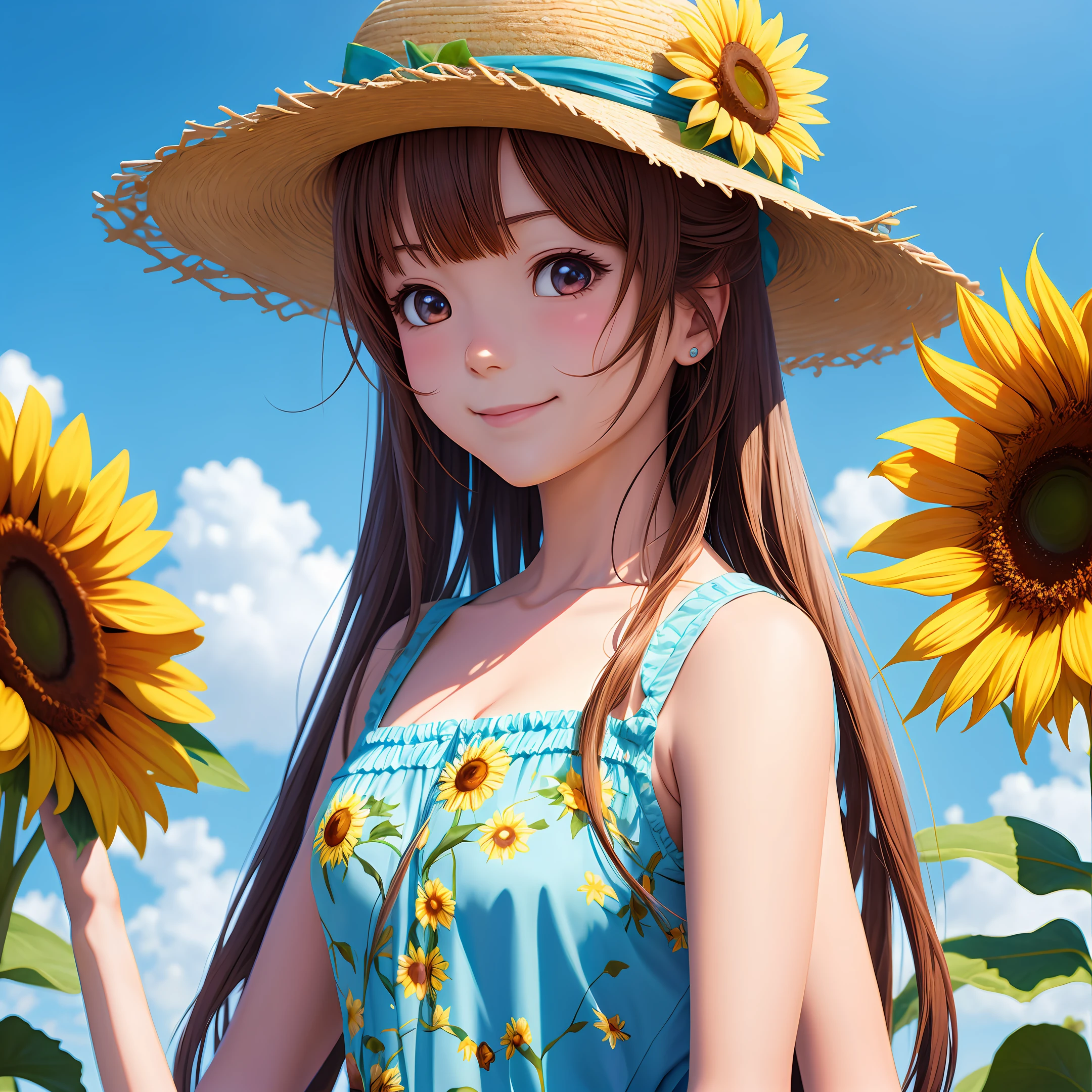 Anime girl with sunflower and straw hat in the field, anime manga by Yang J, pixiv, fantasy art, beautiful anime girl with sunflower, wearing a straw hat, guweiz style artwork, kawaii realistic portrait, super high resolution, sweet smile, healing smile, realistic cute girl drawing, beautiful anime portrait, cute art style, beautiful character drawing, detailed portrait of anime girl, cute anime girl portrait, detailed background, realistic background, details enhanced.