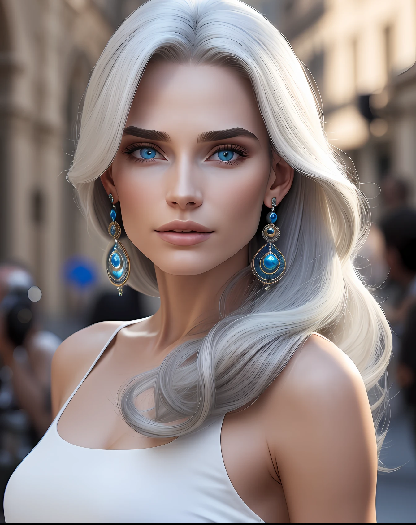 8k, ((masterpiece)),ultra high res, (photorealistic:1.4), bare shoulders, blurry, hair over shoulder, earrings, long hair, shadow, white hair, blue eyes, best quality, closed mouth, realistic