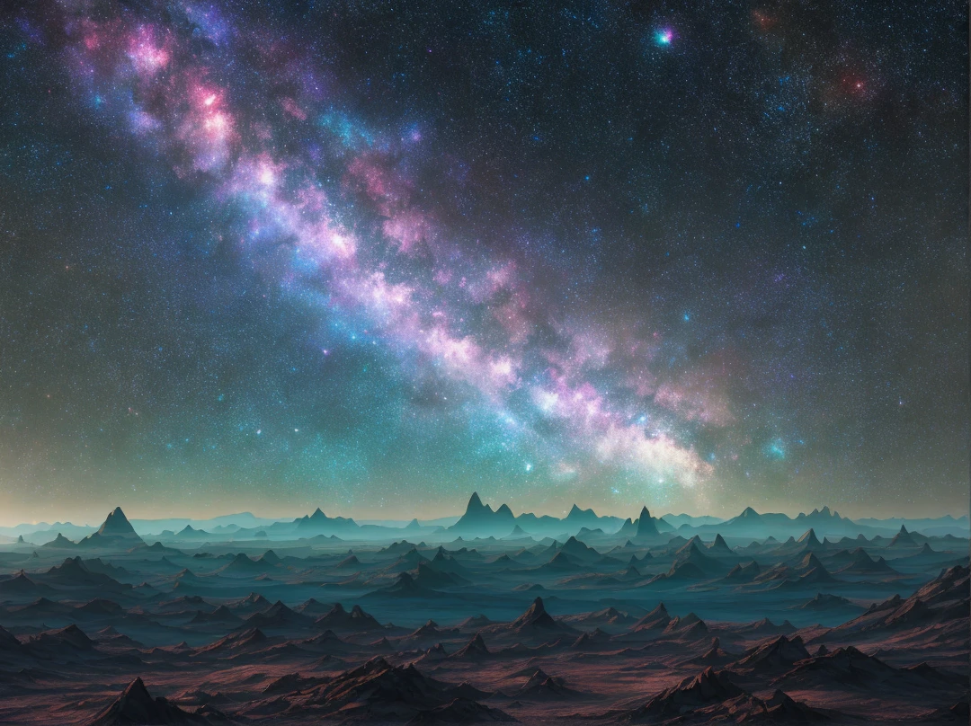 distant galaxy, martian landscape, night, milky way, matte painting, realism, 8k, cinematic, trending on artstation, realistic, unreal engine, hyper detailed, volumetric light, moody cinematic epic concept art, realistic matte painting, hyper photorealistic, concept art, volumetric light, cinematic epic, octane render