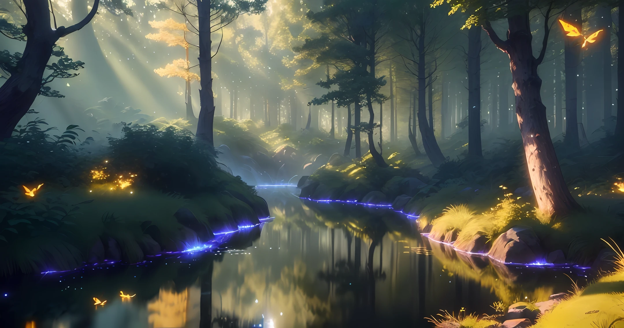 Top quality masterpiece (green forest), beautiful sun (highly detailed CG unity 8k wallpaper), (best quality), (best illustration), (best shadows), glowing sprites, glowing deer drinking water in a pool, forest-themed nature elements . Mysterious forest, beautiful forest, nature surrounded by flowers, delicate leaves and branches surrounded by fireflies (natural elements), (jungle theme), (leaves), (branches), (fireflies), (particle effects), etc. 3D , octa rendering, ray tracing, hyper detail