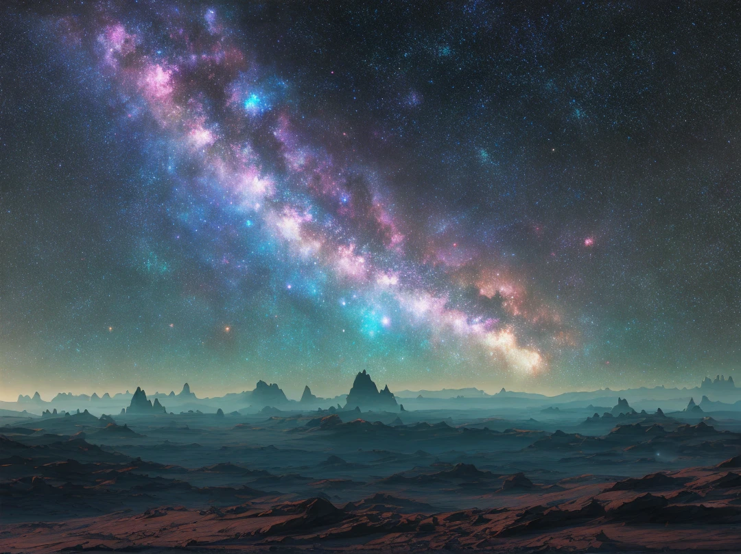 distant galaxy, martian landscape, night, milky way, matte painting, realism, 8k, cinematic, trending on artstation, realistic, unreal engine, hyper detailed, volumetric light, moody cinematic epic concept art, realistic matte painting, hyper photorealistic, concept art, volumetric light, cinematic epic, octane render