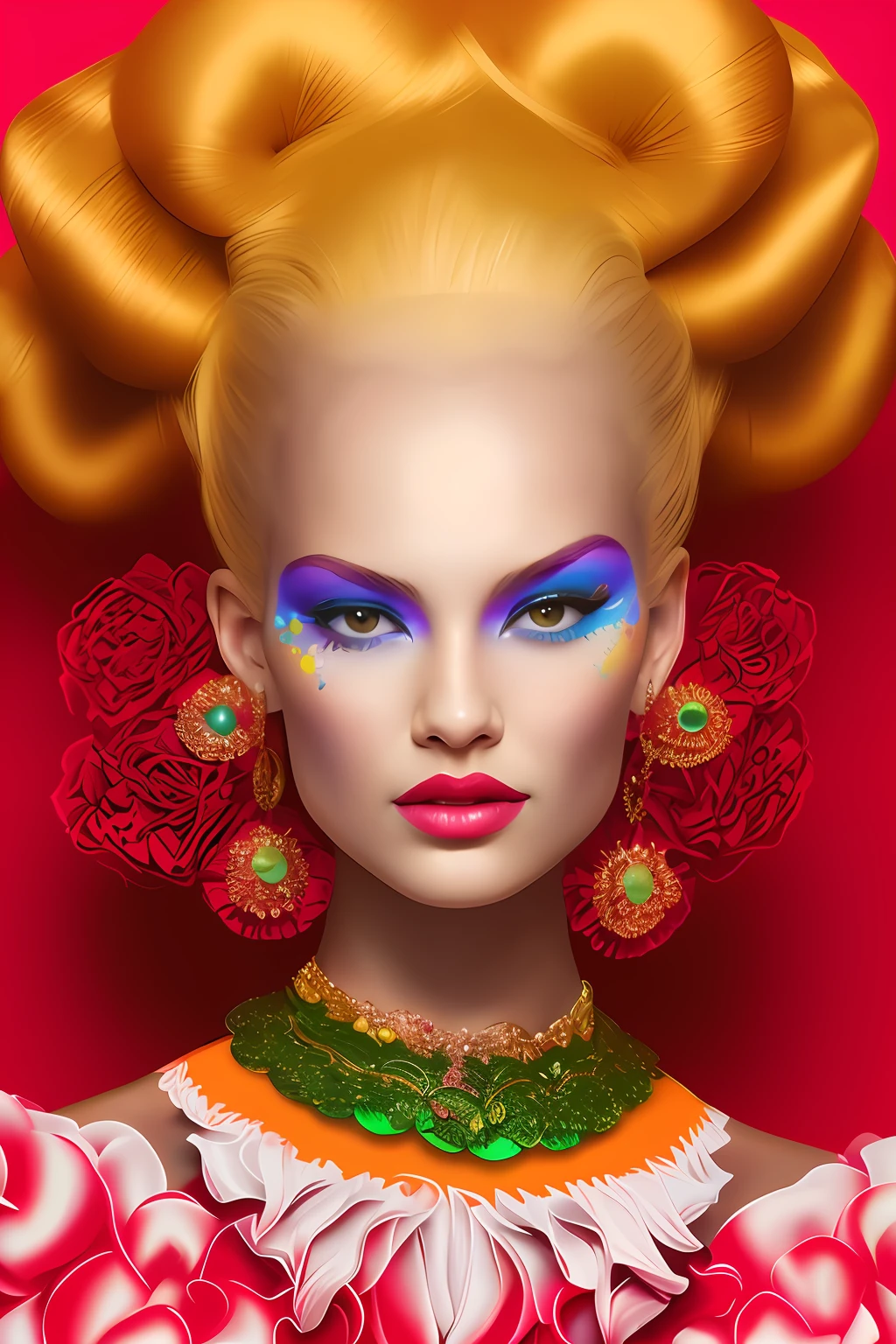 RAW photo, close-up portrait photo Beautiful girl 20 years old, princess of the galaxies, dressed in galactic clothes, ChromaV5:1.6, nvinkpunk, Analog style, , bright bright multi-colored hair, flowers are her hair, bright face, studio shot, beautiful face, beautiful eyes, art by Greg Rutkowski, concept art, artstation trends, cute big round reflective eyes, Pixar rendering, unrealistic cinematic dithering, intricate details, delicate eyes