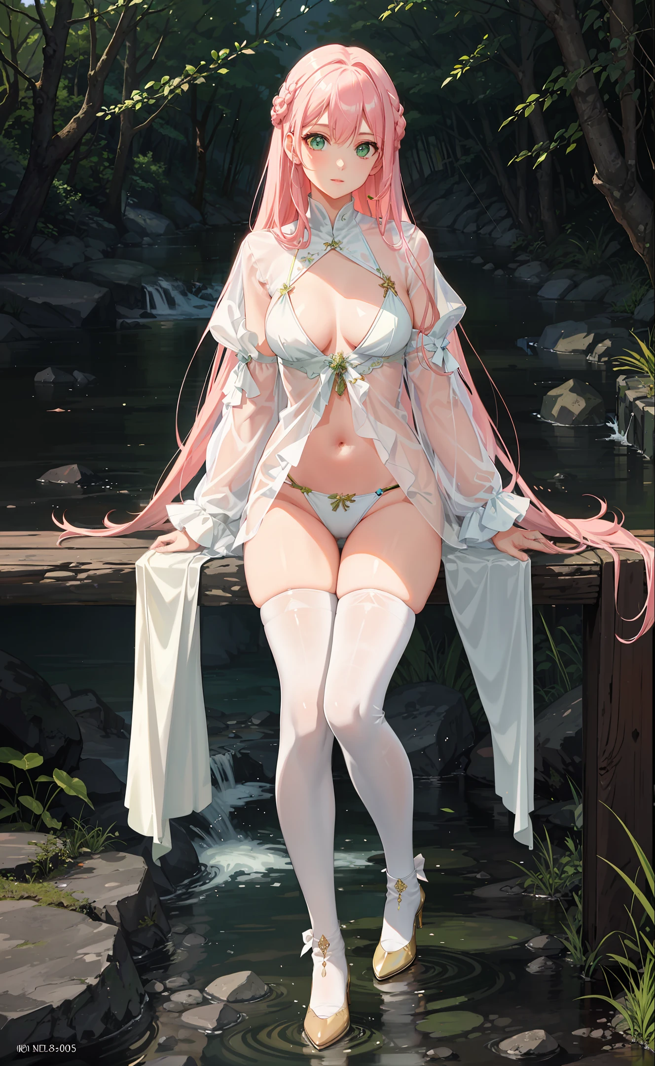 masterpiece, best quality, high resolution, soft lighting, outdoors, forest, river, rocks, 1girl, medium breasts, navel, light green eyes, long pink hair, white bodysuit, thigh straps, knee boots , jewelry,