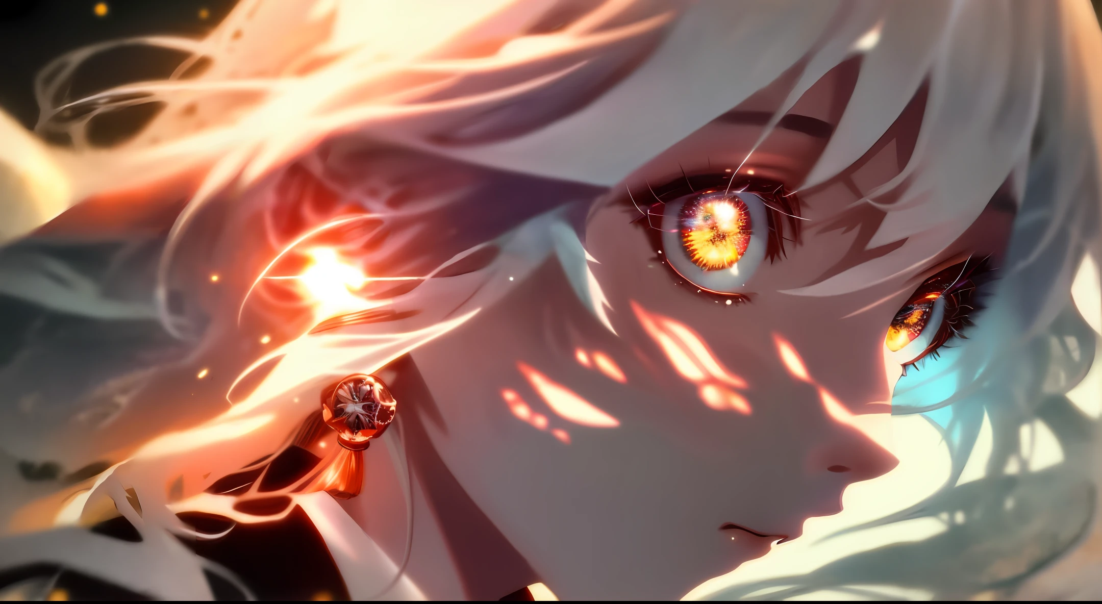masterpiece, best quality, ultra-detailed, illustration, close-up, straight on, face focus, 1girl, white hair, long hair, serene expression, looking at viewer , half body, (dreamlikeart style:0.8),( redshift style:1.1) ,(analog style:1.1),(studio_ghibli_anime_style:0.8), (warm backlit lighting)++, (dark tone)++realistic, highly detailed, hasselblad, 45 degree, gigapixel