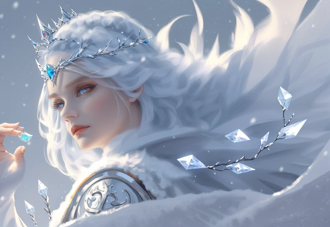 wlop, aeolian, jewelry, woman, queen, white robe, white eyelashes, snowy face, cold, frost, color, side light, pointed crown, super detail, depth of field, magic circle, white hair, blue eyes, lips, Snow, snow magic, white magic, sapphire, ice crown, ice crystal fragments, ice, large area of white, incredible, super detail, extremely detailed, (high contrast: 1.11), wind, amazing, beautiful detail eyes, messy hair, (best light, extremely delicate and beautiful), ((movie light)), (viewed from the side: 1.3)