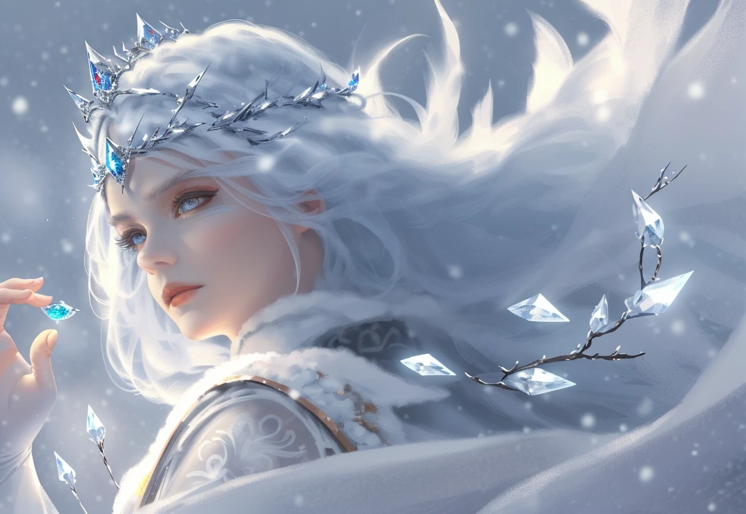 wlop, aeolian, oriental, girl, queen, white robe, white eyelashes, snowy face, cold, sharp eyes, frost, side light, pointed crown, super detail, depth of field, magic circle, (blue eyes: 1.1), white hair, open lips, snow, snow magic, white magic, gems, ice crowns, ice crystal shards, ice, large areas of white, incredible, super detail, extremely detailed, (high contrast: 1.11), wind, amazing, beautiful details Eyes, messy hair, (best light, extremely delicate and beautiful), ((movie light)), (viewed from the side: 1.3),