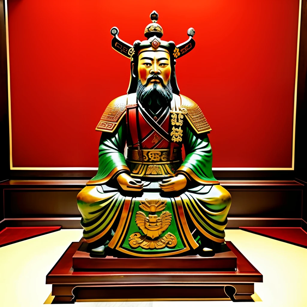 Statue of a man sitting on a bench in a room, statue of Emperor Xuande, instagram, cloisonnism, Guan Yu, Chinese warrior, Chinese art, [colorful, Chinese armor, ancient Chinese art style, wearing ancient Chinese clothes, ancient Chinese aesthetics, styled Devil sitting, Qing Dynasty painting, changing face.