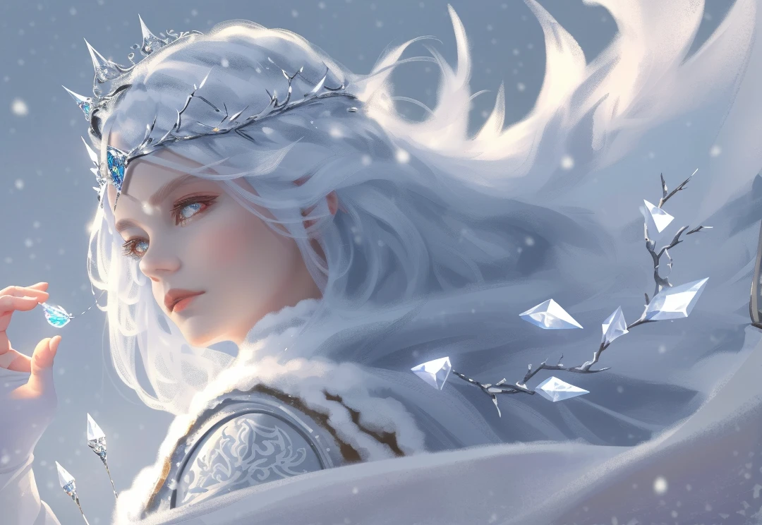 wlop, aeolian, jewelry, girl, cute girl, white robe, white pupils, snowy face, cold, side light, pointed crown, super detail, depth of field, magic, white hair, sexy lips, snow, snow magic, white magic, sapphire, ice crown, ice crystal shards, ice, incredible, super detail, extremely detailed, (high contrast: 1.11), wind, amazing, beautiful detail eyes, messy hair, (best lighting, extremely delicate and beautiful), ((movie lamp)), (viewed from the side: 1.3),