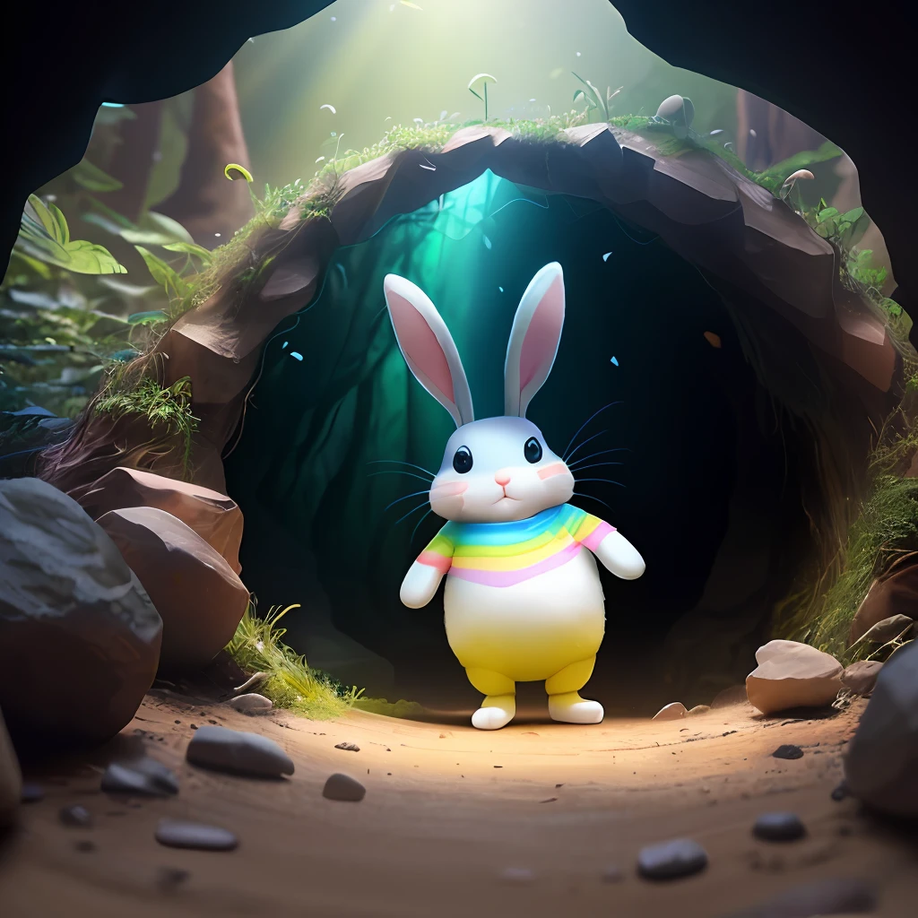 a photo of a bunny with a rainbow T-shirt born in the colorful forest, large view, funny illustration, (((rabit cave))), vibrant colors, action shots, 3D cartoon character, photorealistic 3d rendering, realistic photography, cinematic scenes,