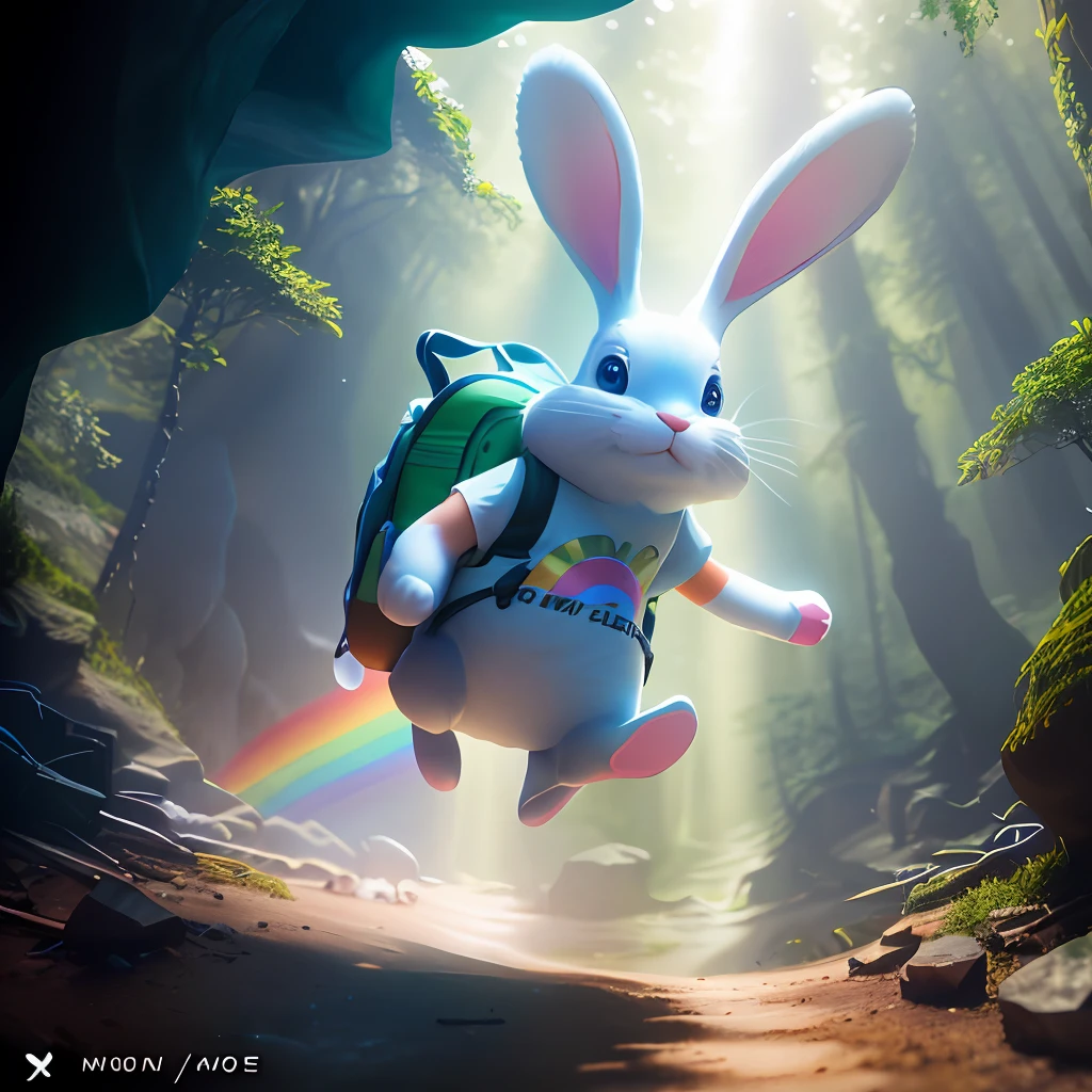 a photo of the bunny with a rainbow T-shirt hop around the forest, exploring all the different nooks and crannies, large view, funny illustration, (((rabit cave))), vibrant colors, action shots, 3D cartoon character, photorealistic 3d rendering, realistic photography, cinematic scenes,