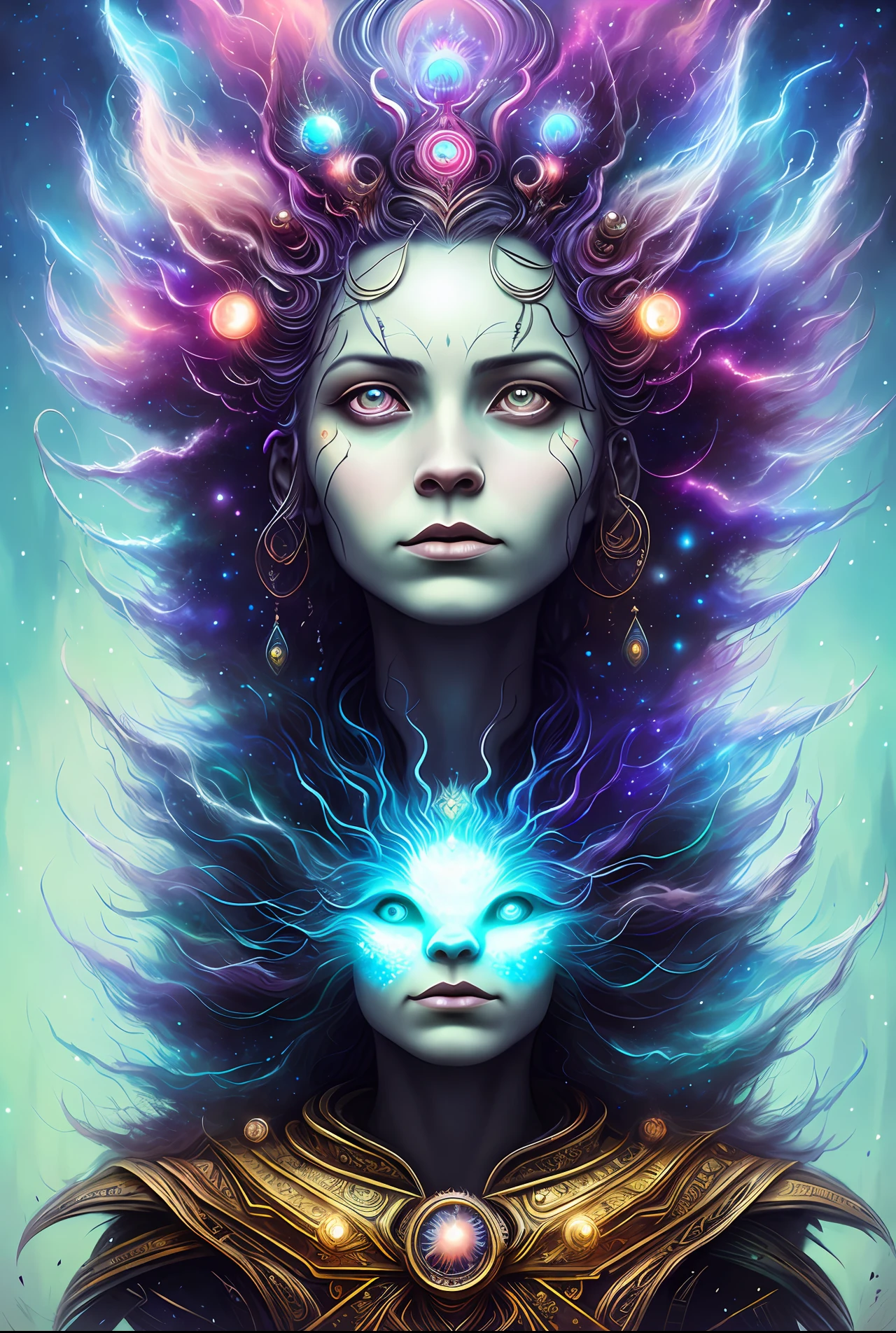 Galaxy dog with lots of hair on head, third eye, staring at something far away, intricate detail, electric, fantasy art, Anato Finnstark, latex painting, very detailed, misty rutkowski, hdr, super detailed, rim light, faded, dim