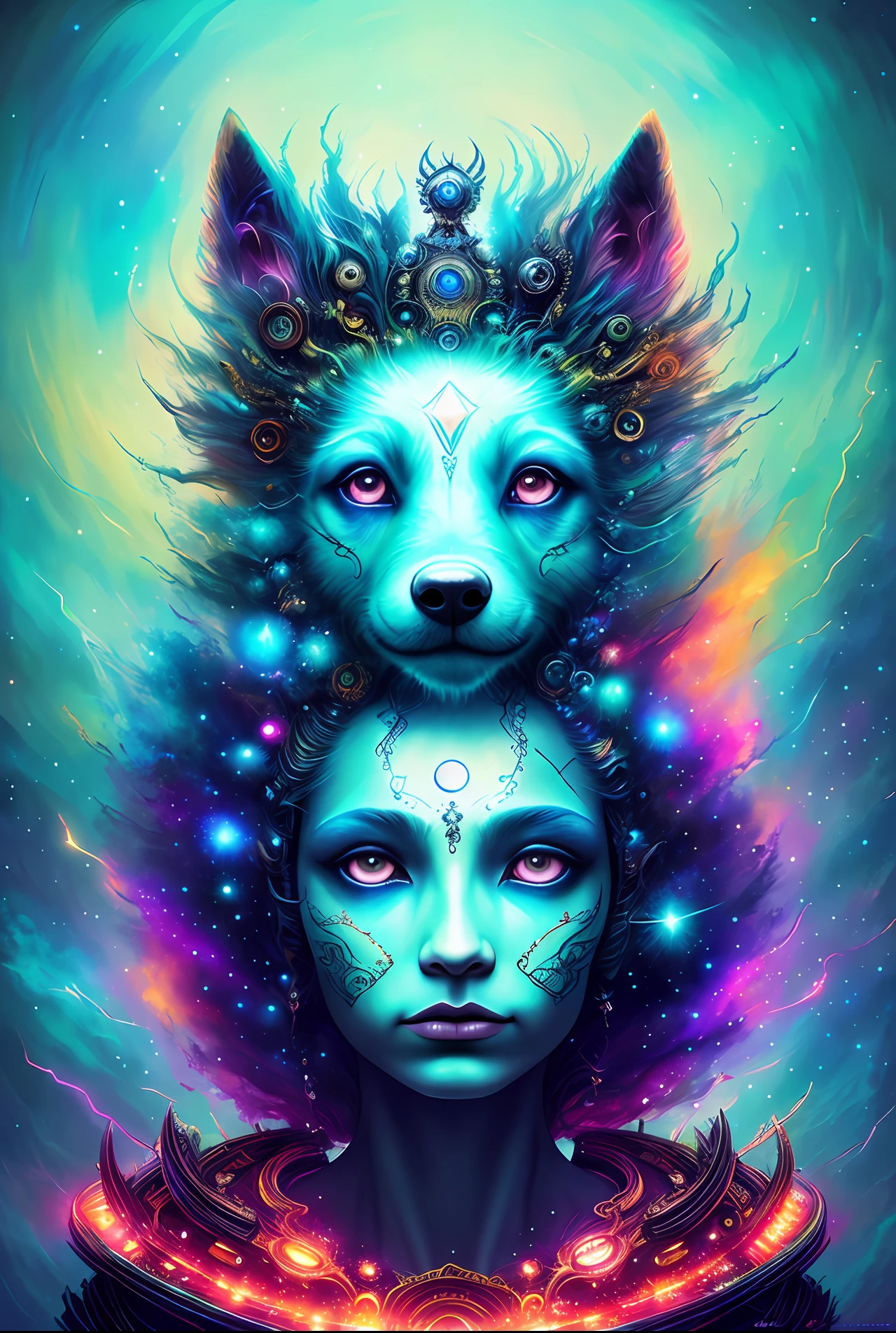 Galaxy dog with lots of hair on head, third eye, staring at something far away, intricate detail, electric, fantasy art, Anato Finnstark, latex painting, very detailed, misty rutkowski, hdr, super detailed, rim light, faded, dim