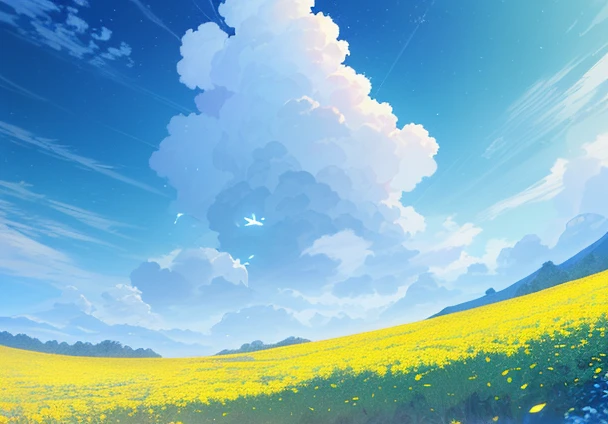 Masterpiece, best quality, (very detailed CG unity 8k wallpapers), (best quality), (best illustrations), in the forest, blue sky, cumulus, wind, There are many scattered luminous petals, Many scattered leaves, branch, landscape, many flying birds, beautiful sky, cinematic angle, light yellow flower theme