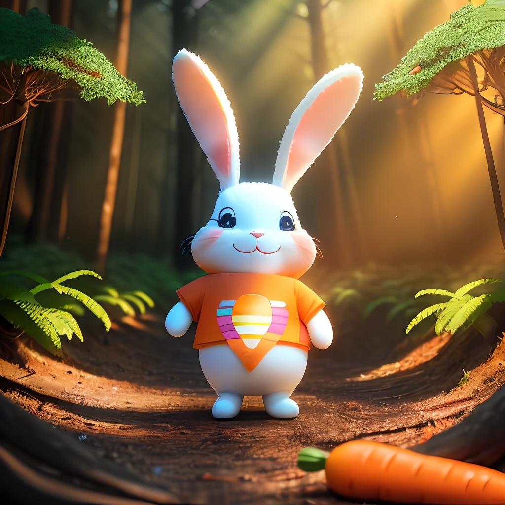 a photo of the bunny with a rainbow T-shirt and smiling face find some delicious carrots to nibble on!, large view, funny illustration, (((carrot in the forest))), vibrant colors, action shots, 3D cartoon character, photorealistic 3d rendering, realistic photography, cinematic scenes,
