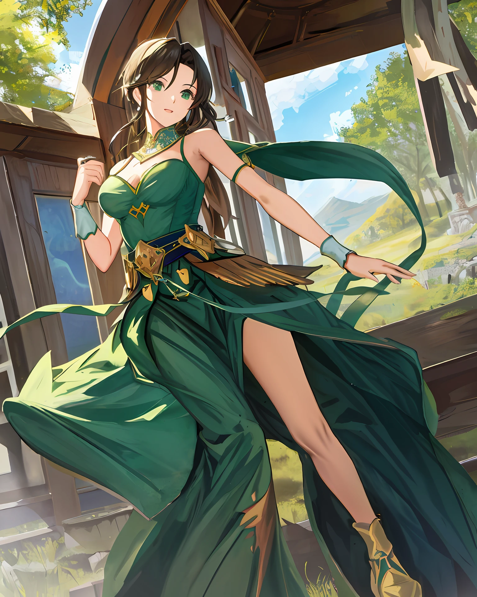 A cartoon girl in a green dress is flying in the air, Ali, with long legs, superb, masterpiece, high resolution, beauty