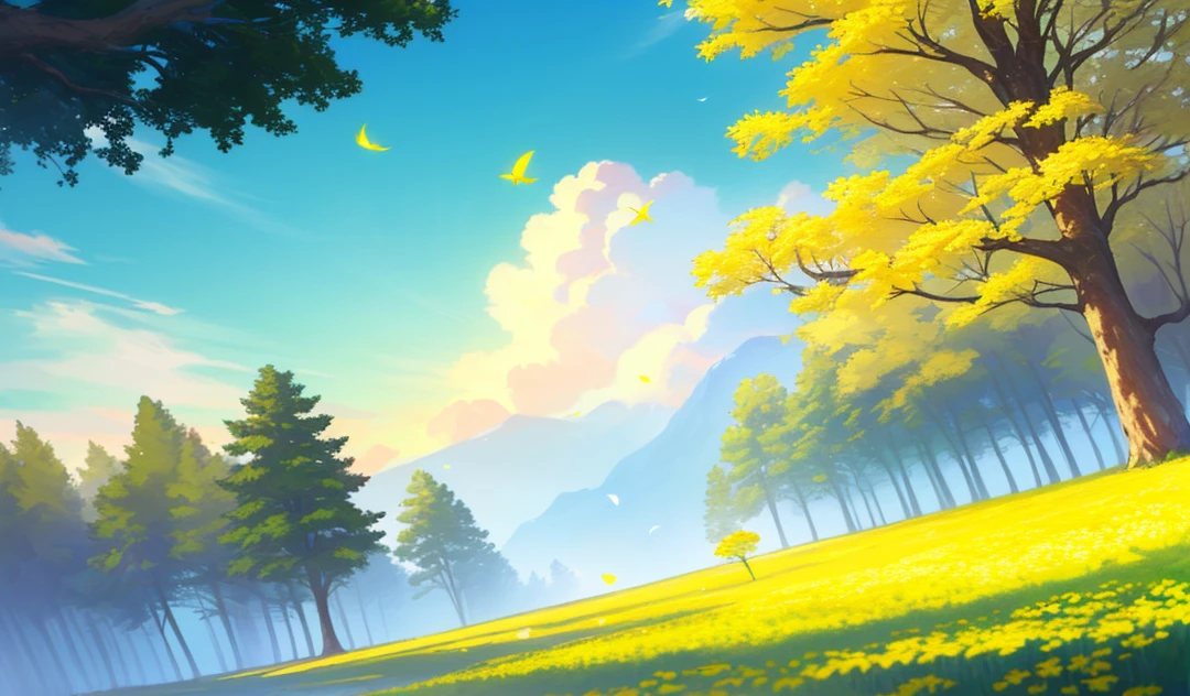 Masterpiece, best quality, (very detailed CG unity 8k wallpapers), (best quality), (best illustrations), ultra detailed landscape, super resolution, in the forest, blue sky, cumulus, wind, There are many scattered luminous petals, Many scattered leaves, branch, landscape, many flying birds, beautiful sky, cinematic angle, light yellow flower theme, green leaves, hidden in the light yellow flowers