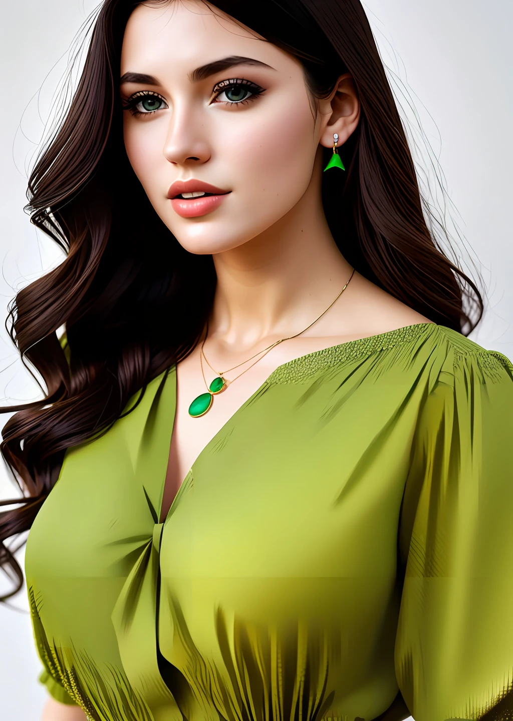 Fashion model photoshoot, green blouse, snowdrop pattern, medium shot, beautiful European caucasian woman with fair skin, necklace, minimalist background, texture, light