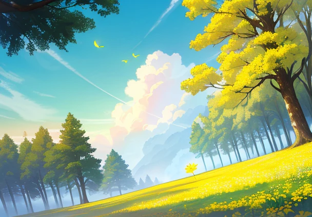 Masterpiece, best quality, (very detailed CG unity 8k wallpapers), (best quality), (best illustrations), in the forest, blue sky, cumulus, wind, There are many scattered luminous petals, Many scattered yellow leaves, branch, landscape, many flying white birds, beautiful sky, cinematic angle, light yellow flower theme, green leaves, hidden in the light yellow flowers, ultra detailed flowers, ultra detailed trees, ultra detailed branch, ultra detailed cumulus, ultra detailed grass,
