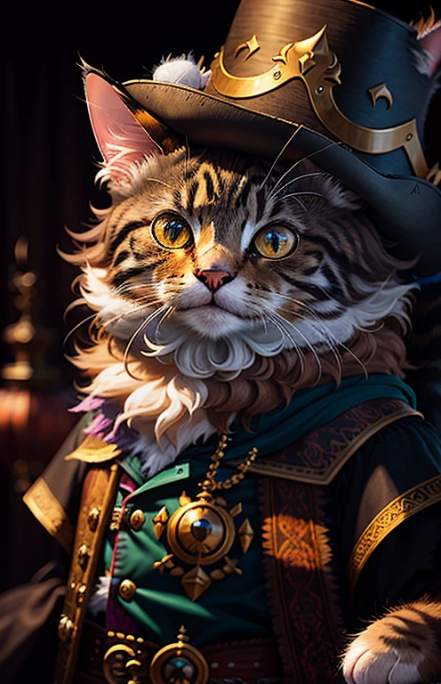 ((a cat )),, full shot, fluffy hair, a pirate hat, anthropomorphic expressions, rich colors, exquisite details, masterpiece, realistic, artsation, cg, realistic, Unreal Engine, real light and shadow, Beautiful rich colors, amazing details, high quality, a pair of ears