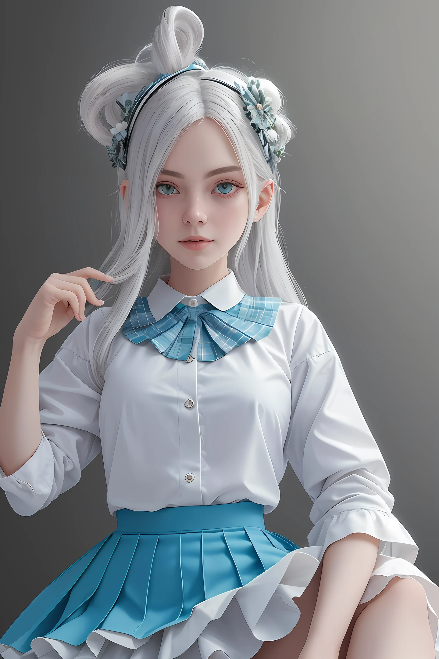 1girl, (masterpiece:1.1), (best quality:1.1), (white blouse:1.1), (plaid skirt:1.1), school uniform, high waist skirt, BREAK [blue:pink:0.5] theme, (gradient background:1.1 ), cowboy shot, BREAK silver hair, long hair,, green eyes, delicate headgear, looking sideways,