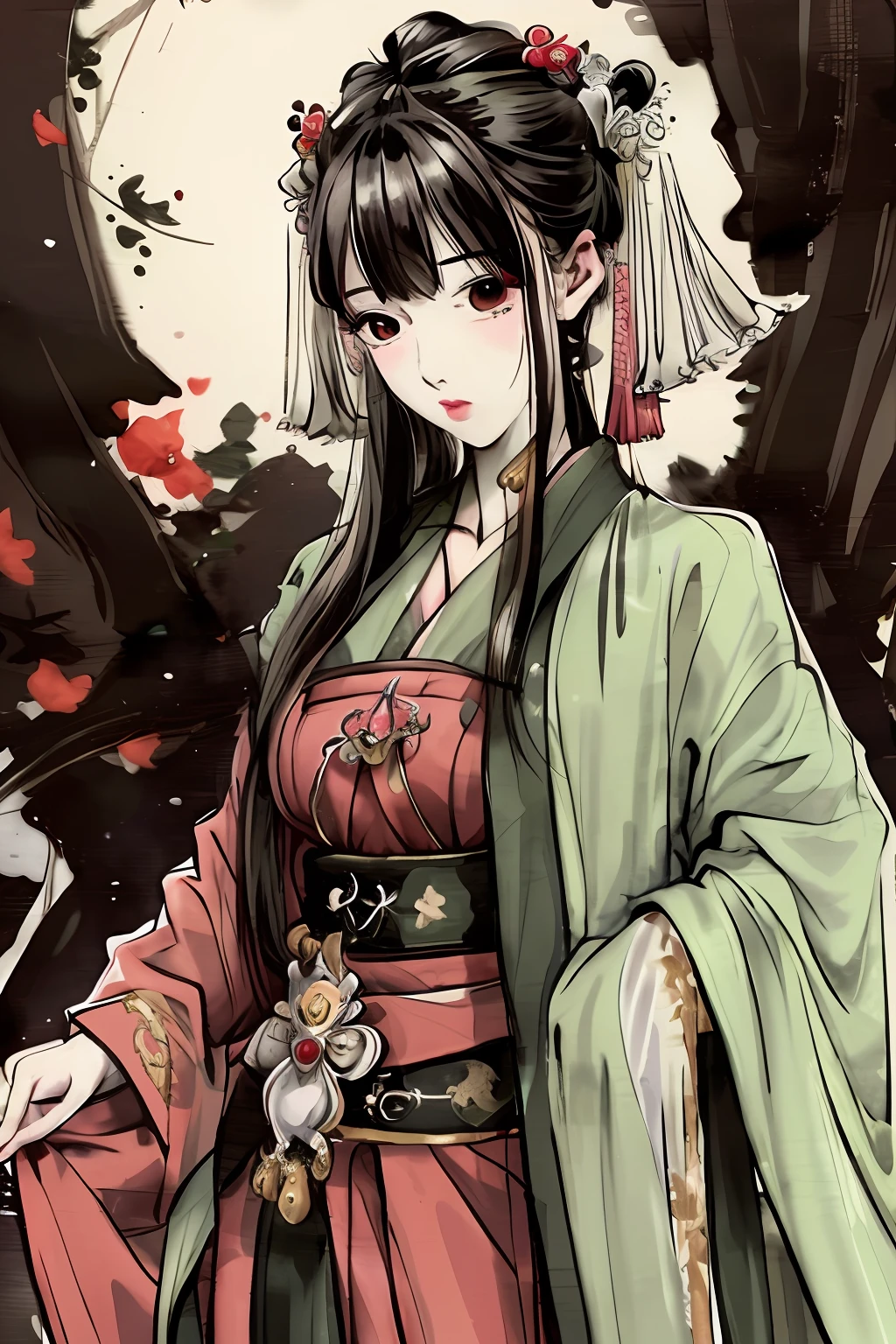 Negative space, shuimobysim, masterpiece, best quality: 1.2), traditional Chinese ink painting, martial arts, chivalrous woman in green dress, superb, masterpiece, high resolution, beauty