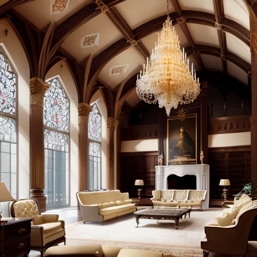 (high-end, luxurious) big room with (majestic, grand) vaulted ceilings, (elegant, sumptuous) furniture of the highest quality and (exquisite, intricate) wooden elements.
