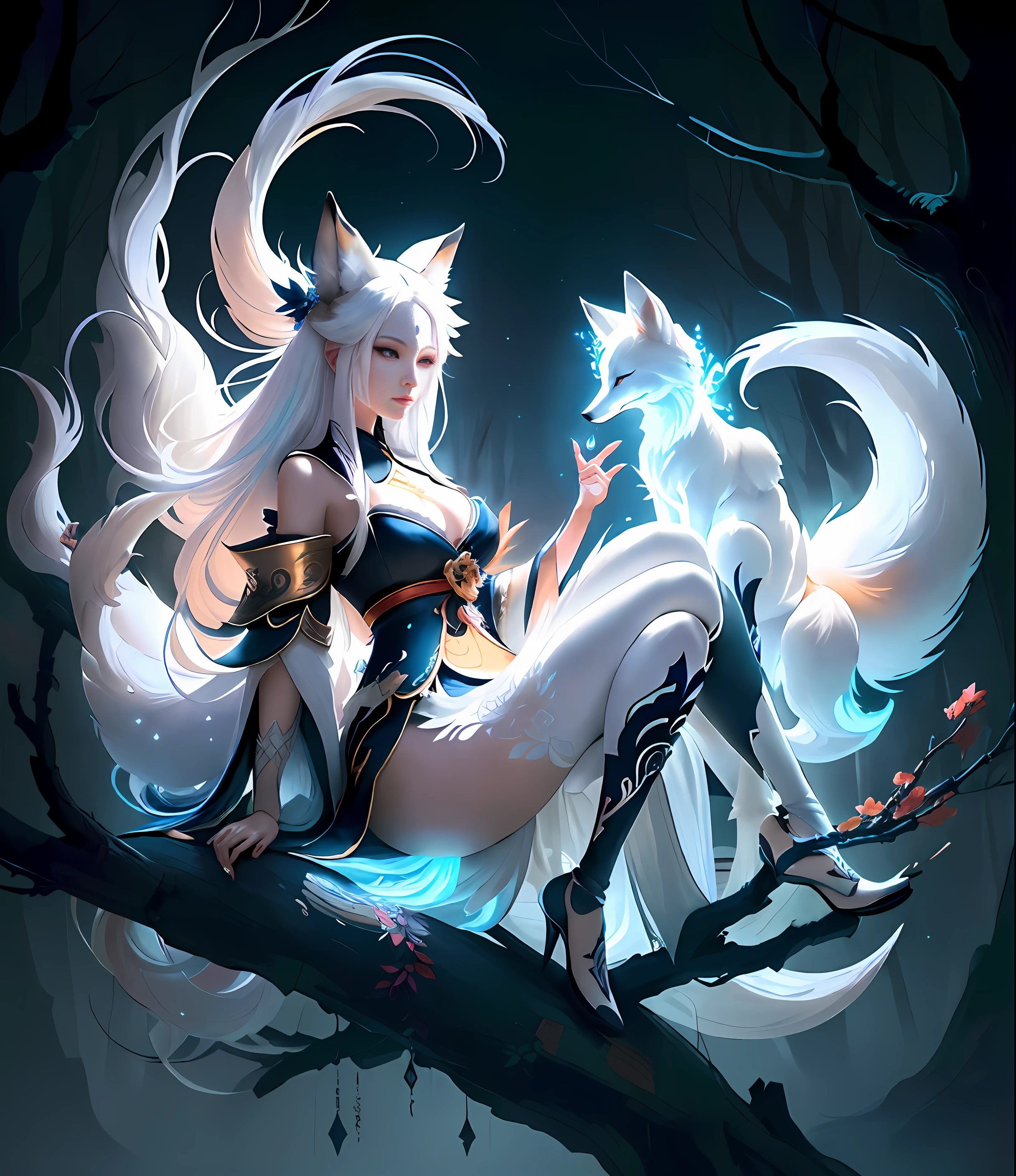anime girl with white hair and white tail sitting on a branch, ahri, by Yang J, from league of legends, onmyoji detailed art, ahri from league of legends, white - haired fox, art of silverfox, seraphine ahri kda, league of legends art style, portrait of ahri, trending on artstation pixiv