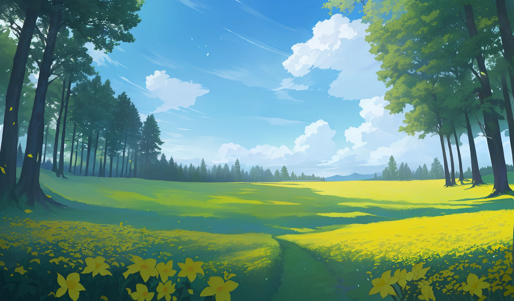 Masterpiece, best quality, 4k wallpapers, (best quality), (best illustrations), in the forest, blue sky, cumulus, wind, There are many scattered luminous petals, Many scattered leaves, branch, landscape, many flying white birds, beautiful sky, cinematic angle, green leaves, hidden in the light yellow flowers, cumulunimbus, sunset,