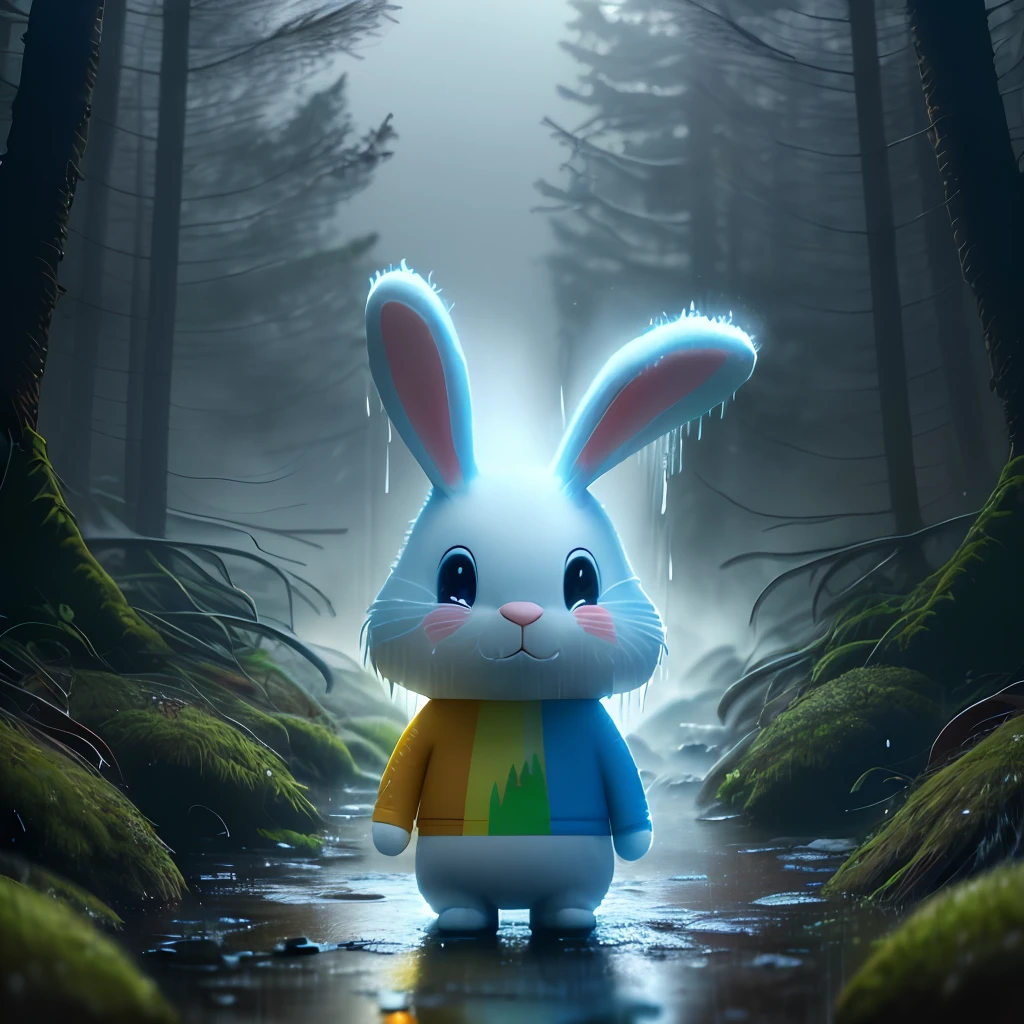 a photo of the bunny with a rainbow T-shirt starting to cry out, a panorama view, wet illustration, (((cold and wet forest))), vibrant colors, action shots, 3D cartoon character, photorealistic 3d rendering, realistic photography, cinematic scenes, smoke around, 4k resolution, foggy, misty