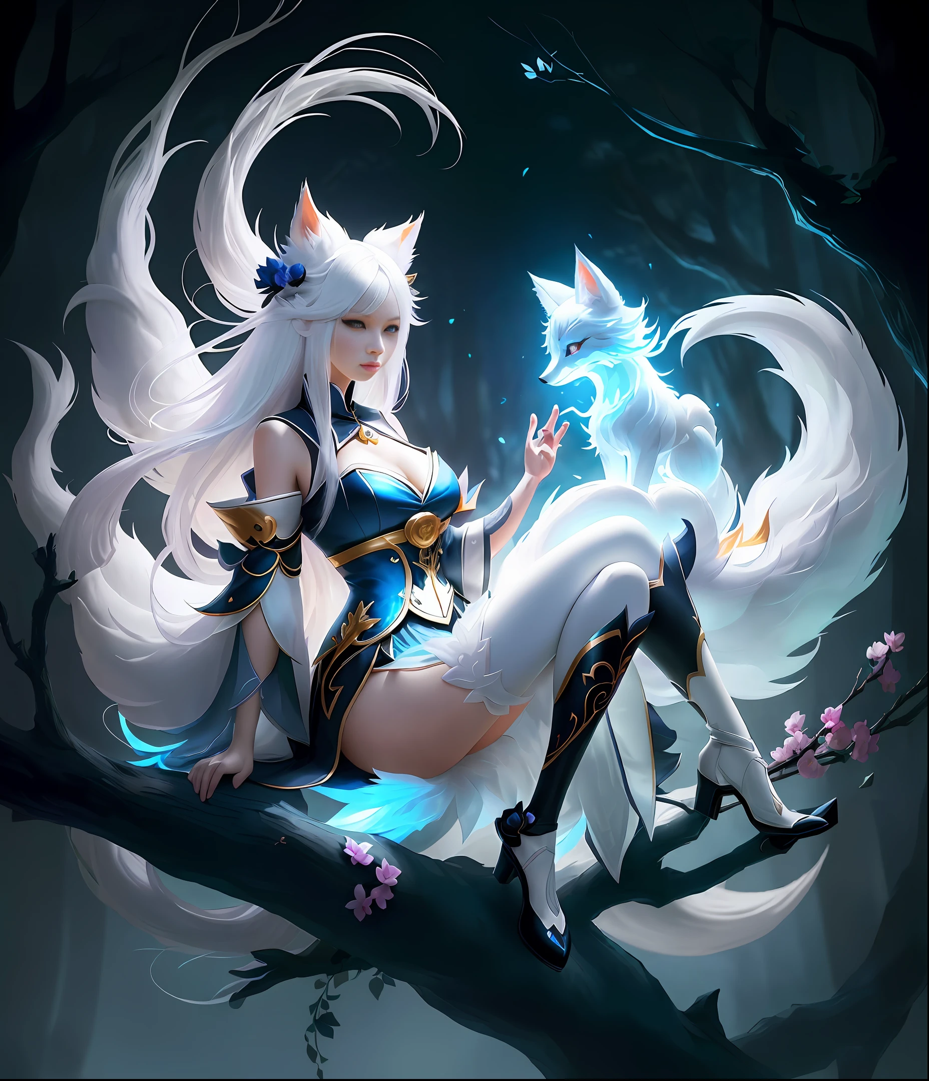 anime girl with white hair and white tail sitting on a branch, ahri, by Yang J, from league of legends, onmyoji detailed art, ahri from league of legends, white - haired fox, art of silverfox, seraphine ahri kda, league of legends art style, portrait of ahri, trending on artstation pixiv