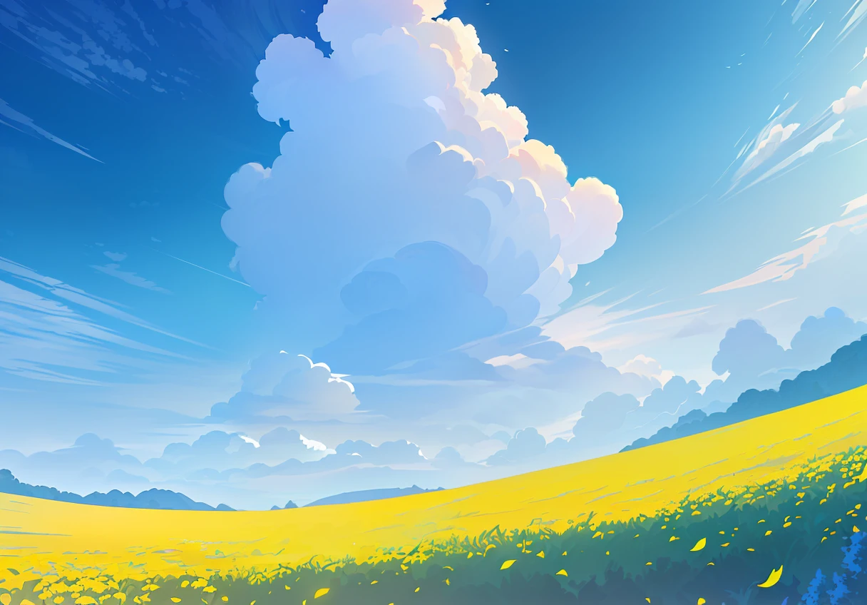 Masterpiece, best quality, (very detailed CG unity 8k wallpapers), (best quality), (best illustrations), in the forest, blue sky, cumulus, wind, There are many scattered luminous petals, Many scattered leaves, branch, landscape, many flying birds, beautiful sky, cinematic angle, hidden in the light yellow flowers, sunset behind clouds