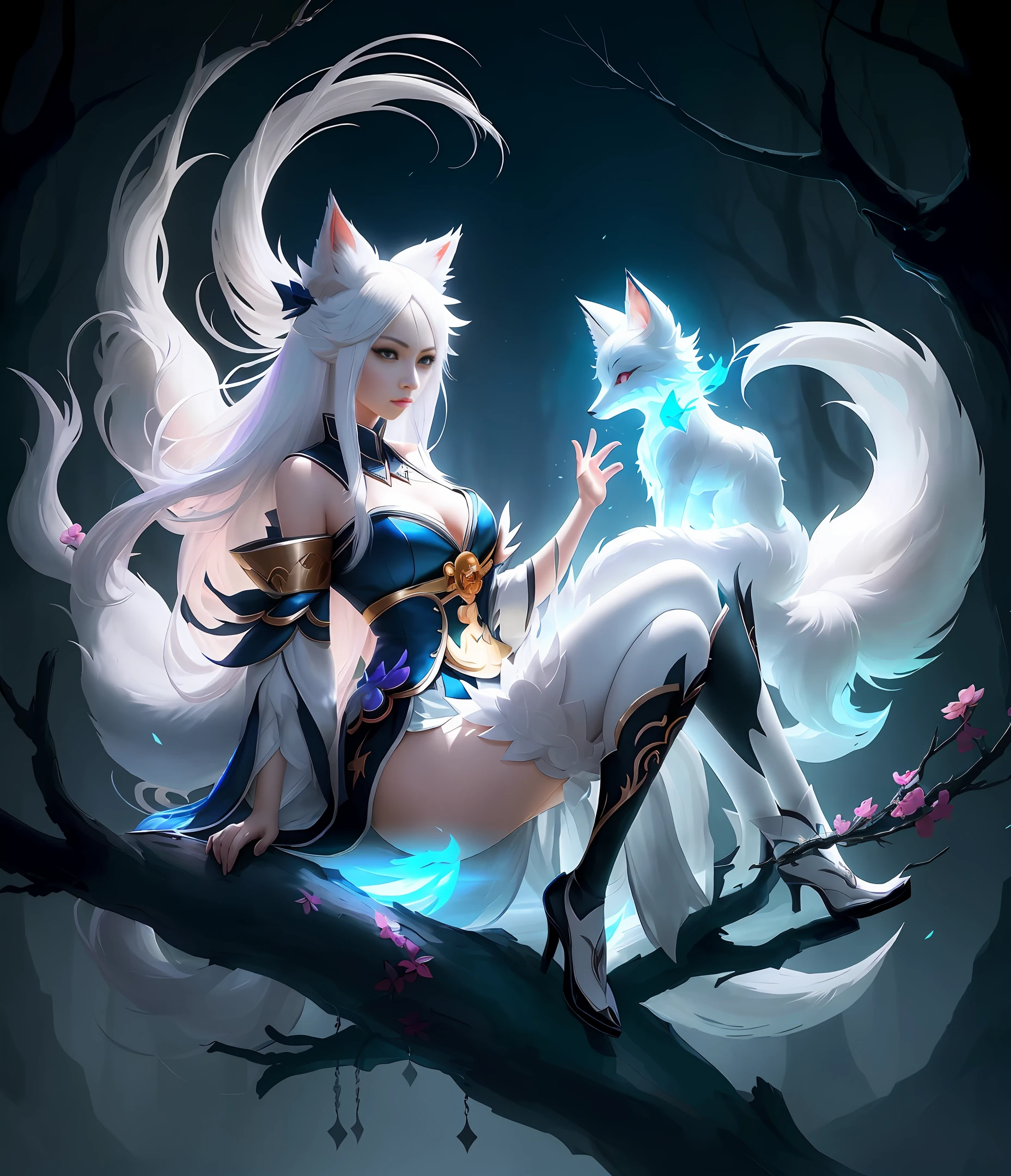 anime girl with white hair and white tail sitting on a branch, ahri, by Yang J, from league of legends, onmyoji detailed art, ahri from league of legends, white - haired fox, art of silverfox, seraphine ahri kda, league of legends art style, portrait of ahri, trending on artstation pixiv