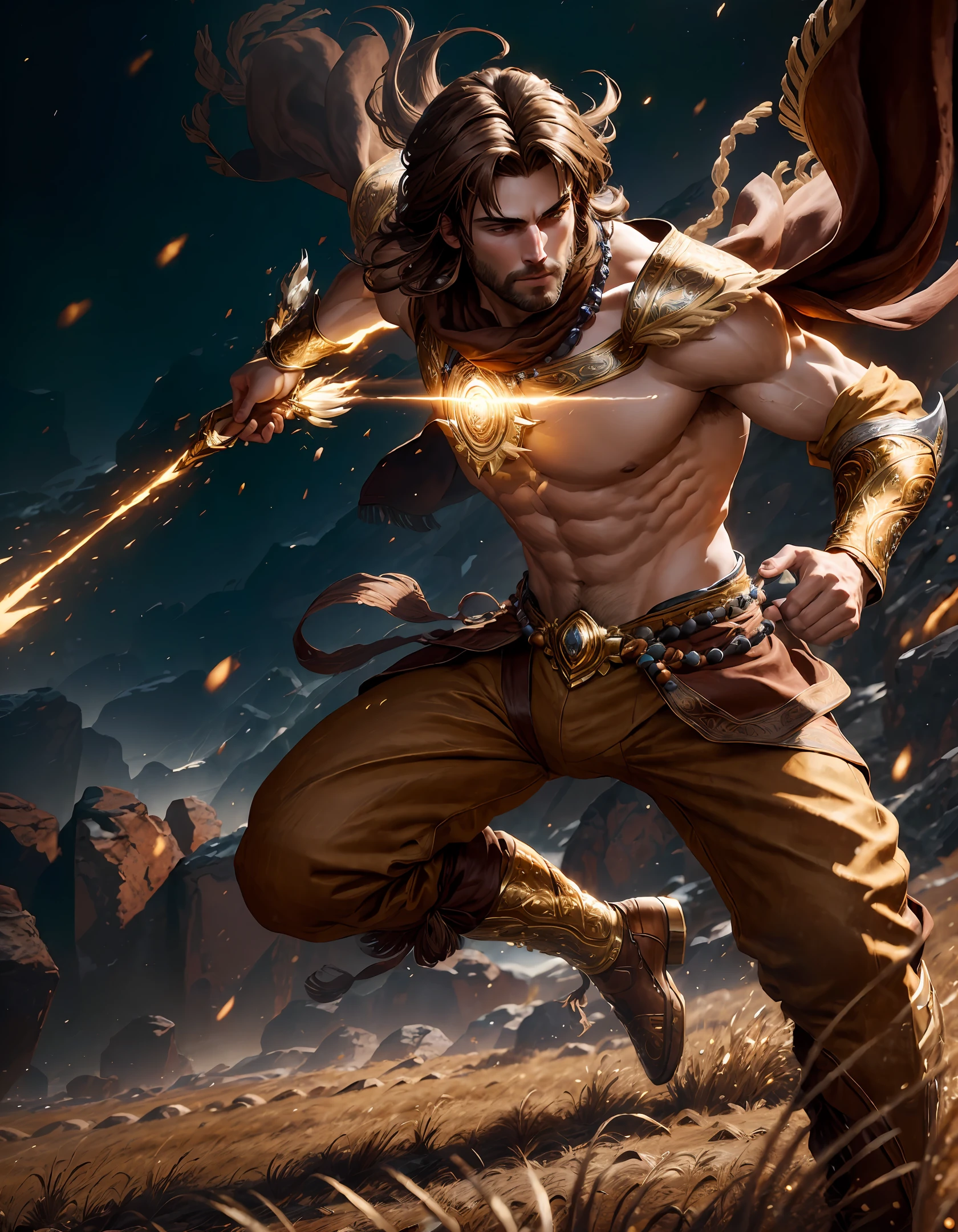 masterpiece, highest quality, solo focus, (high detail:1.1), (dramatic, 1.5), (shoulder-length brown hair:1.3) action shot, strong legs, 1 muscular male, wearing loose brown jacket with beaded fringe:1.5, wearing loose brown pants with beaded fringe:1.5, gold jewelry:1.3, holding bow:1.2), (in open plains, daytime, bright light:1.3), young men, battle stance, hyper detailed, digital art, studio quality, smooth render, unreal engine 5 render, octane render, 8K, (particle effects:1.3)