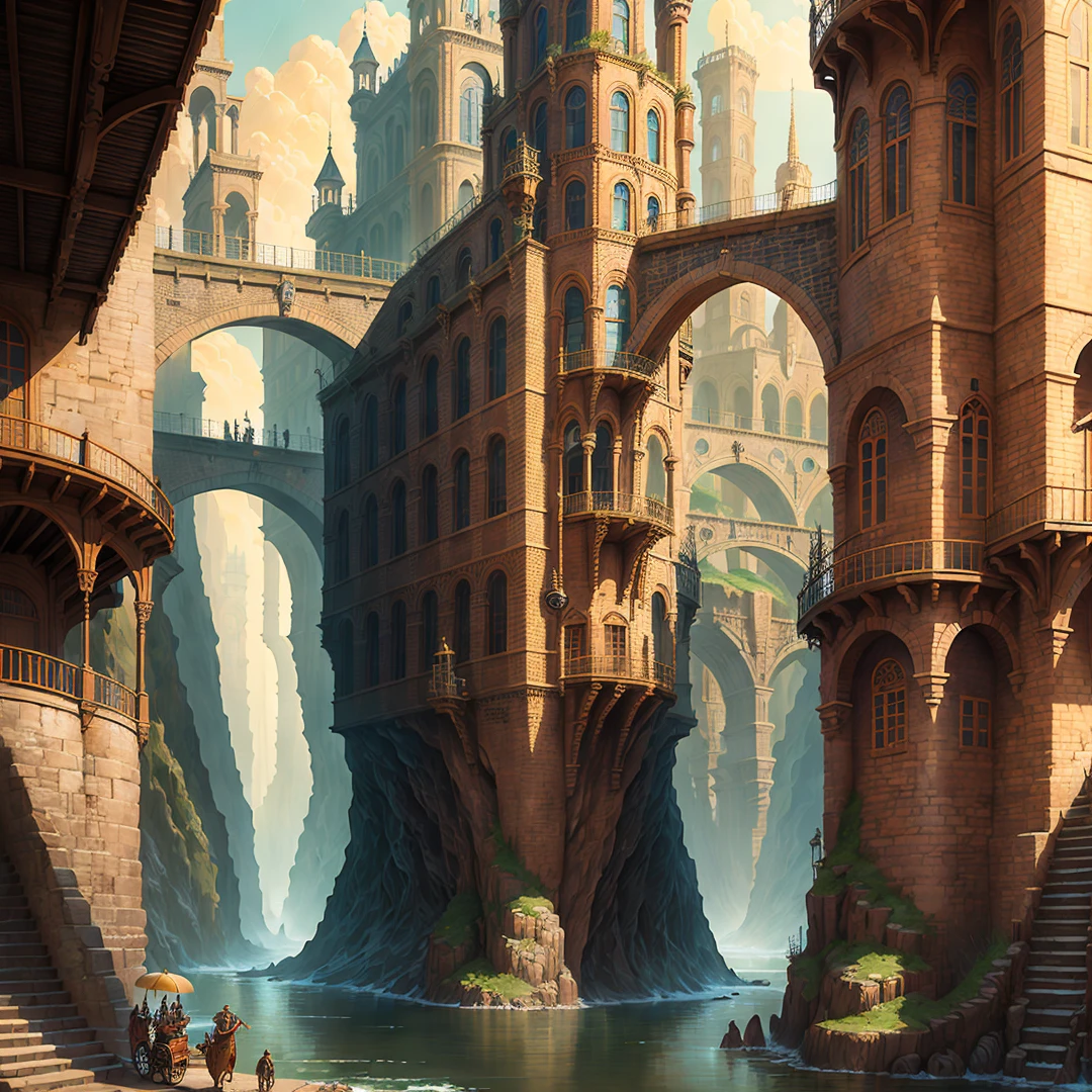"((Masterpiece)),((Best quality)),((High detail)),((Realistic)) depiction of an industrial age city, complete with deep canyons, elaborate European architecture, winding canals, bustling bazaars, and intricate bridges, all set upon a rainy day backdrop. Incorporating an aesthetic of steampunk and unparalleled attention to detail, this illustration is sure to capture the imagination of any art enthusiast."