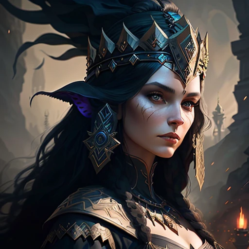 Closeup of a woman with a very large headdress, detailed matte fantasy portrait, dark fantasy style art, fantasy concept art portrait, epic fantasy digital art style, 4k fantasy art, epic fantasy art portrait, dark fantasy character design, style dark fantasy art, alexandra fomina artstation, epic fantasy art style, fantasy light and shadow art performance