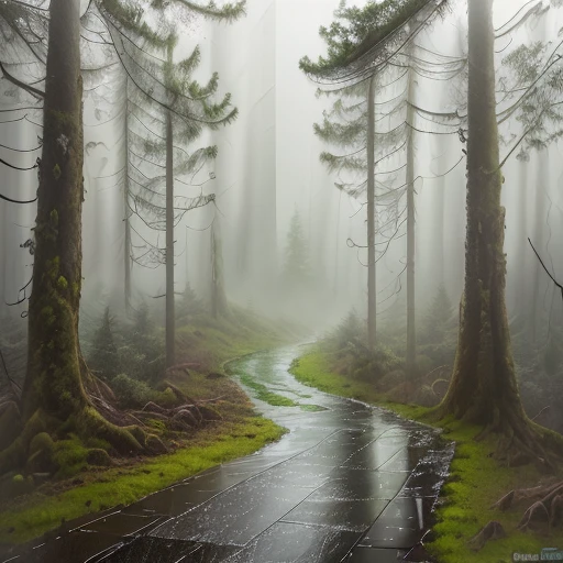 a photo of the green mockingbird, a panorama view, wet illustration, (((cold and wet forest))), vibrant colors, action shots, 3D cartoon characters, photorealistic 3d rendering, realistic photography, cinematic scenes, smoke around, 4k resolution, foggy, misty