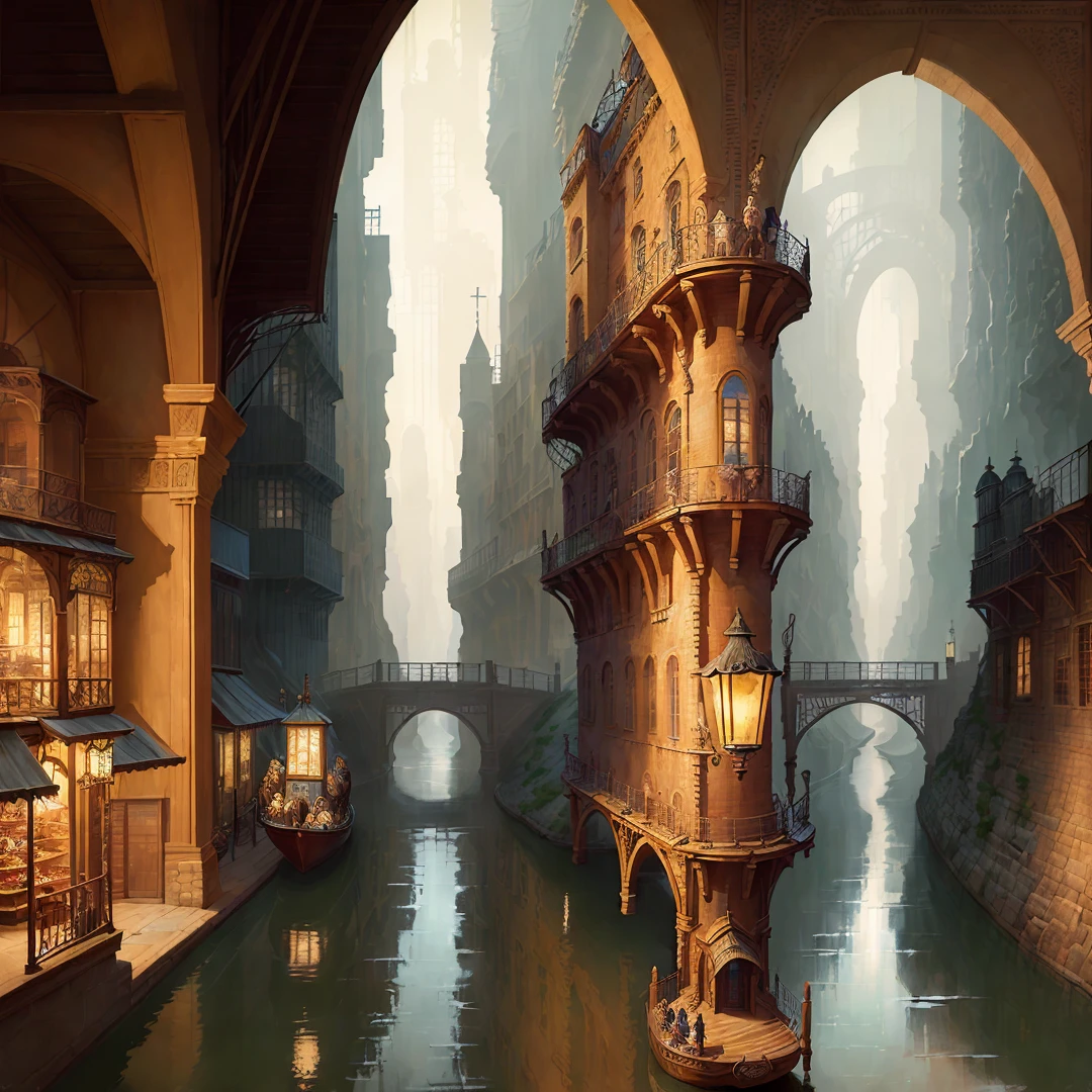 "((Masterpiece)),((Best quality)),((High detail)),((Realistic)) depiction of an industrial age city, complete with deep canyons, elaborate European architecture, winding canals, bustling bazaars, and intricate bridges, all set upon a rainy day backdrop. Incorporating an aesthetic of steampunk and unparalleled attention to detail, this illustration is sure to capture the imagination of any art enthusiast."