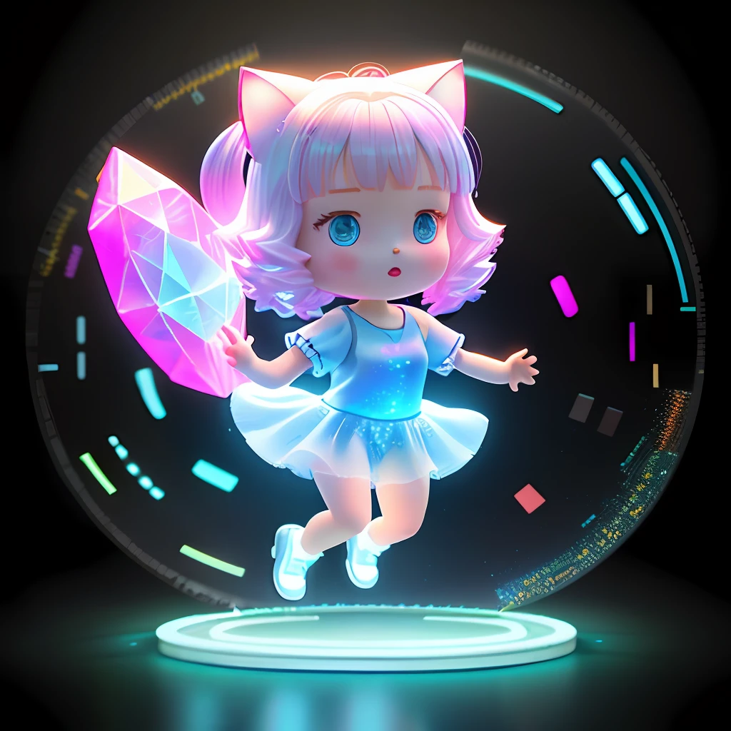 full body, super cute girl, fluorescent translucent holographic pajamas, blind box, pop mart design, exaggerated expressions and movements, fluorescent, holographic, diamond luster, metallic texture, fluorescent, holographic, a huge cat behind the gril, bright light, clay material, precision mechanical parts, close-up intensity, 3d, ultra- detailed, C4D, octane rendering, Blender, 8K, HD --niji 5 --style expressive