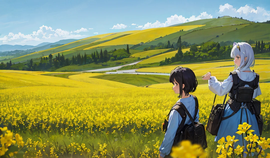 Fields of canola flowers sway in the breeze, basking in the warm sun of the sunset. The bright yellow blossoms contrast beautifully against the clear blue sky, creating a stunning and picturesque landscape. The subtle details of the delicate petals and leaves are captured with ultra-detailed precision in this masterpiece, providing an incredibly realistic and immersive viewing experience. beautiful landscape of canola flowers in the forest at afternoon.