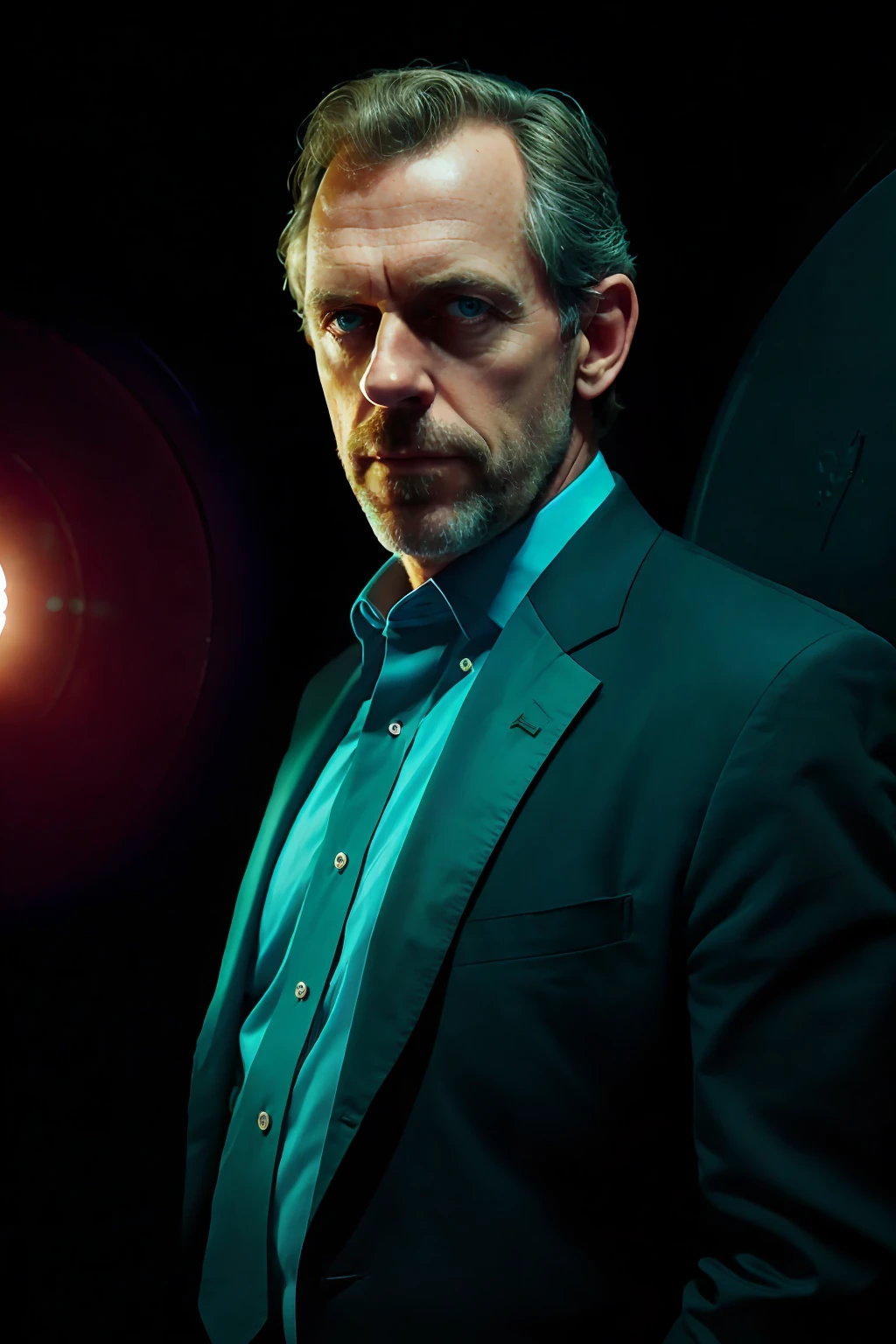 portrait of a award winning photo of hugh laurie posing in a dark studio, (rim lighting,:1.4) two tone lighting, sharp focus, teal hue, octane, unreal, dimly lit, low key,