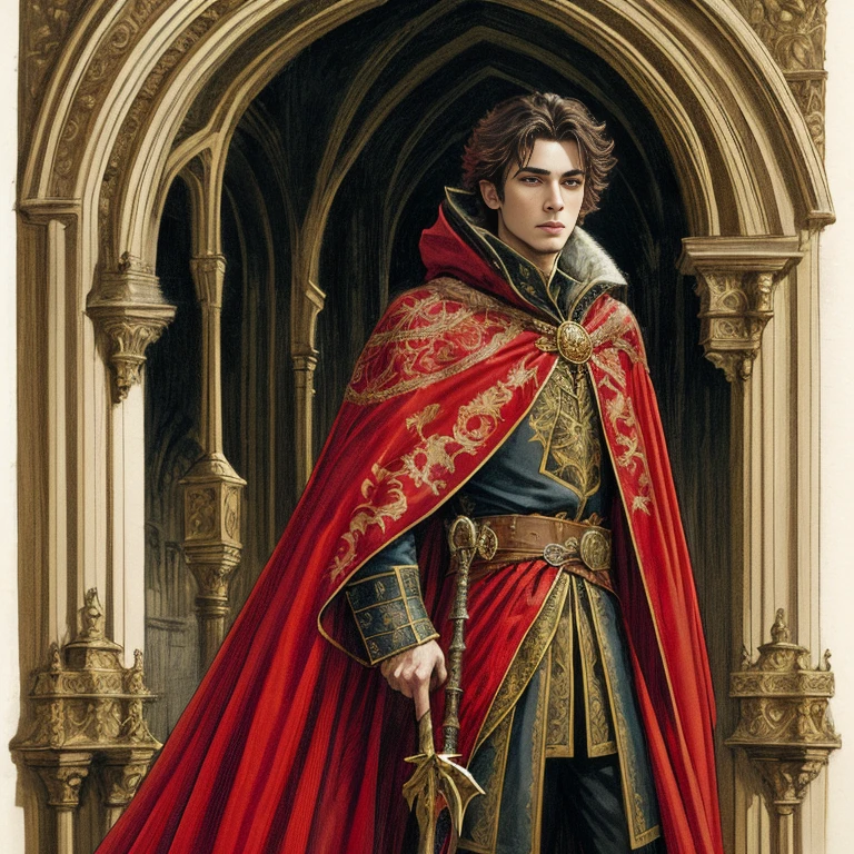 arafed image of a man in a red cloak and cape holding a sword, dressed in a beautiful red cloak, portrait of fin wildcloak, wearing gilded red royal robes, portrait of merlin, wearing a luxurious royal cloak, portrait of a red sorcerer, red cloak, full color illustration, beautiful young male prince, cloak. extremely high details