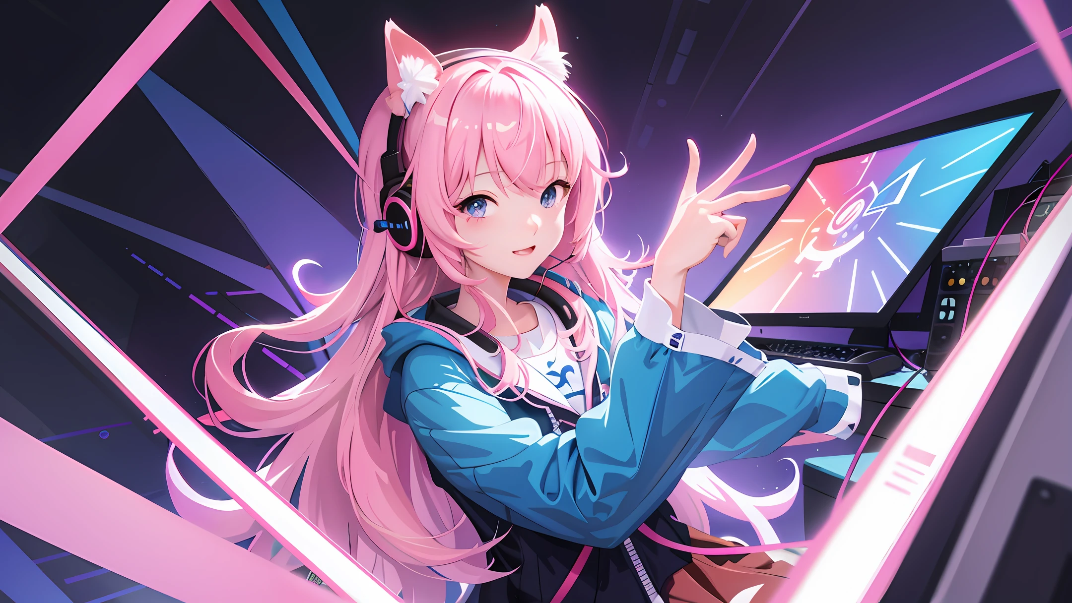 anime girl with pink hair and headphones in front of a computer, anime style 4 k, cute anime catgirl, beautiful anime catgirl, anime moe artstyle, very beautiful anime cat girl, digital anime illustration,anime style. 8k, high quality anime artstyle