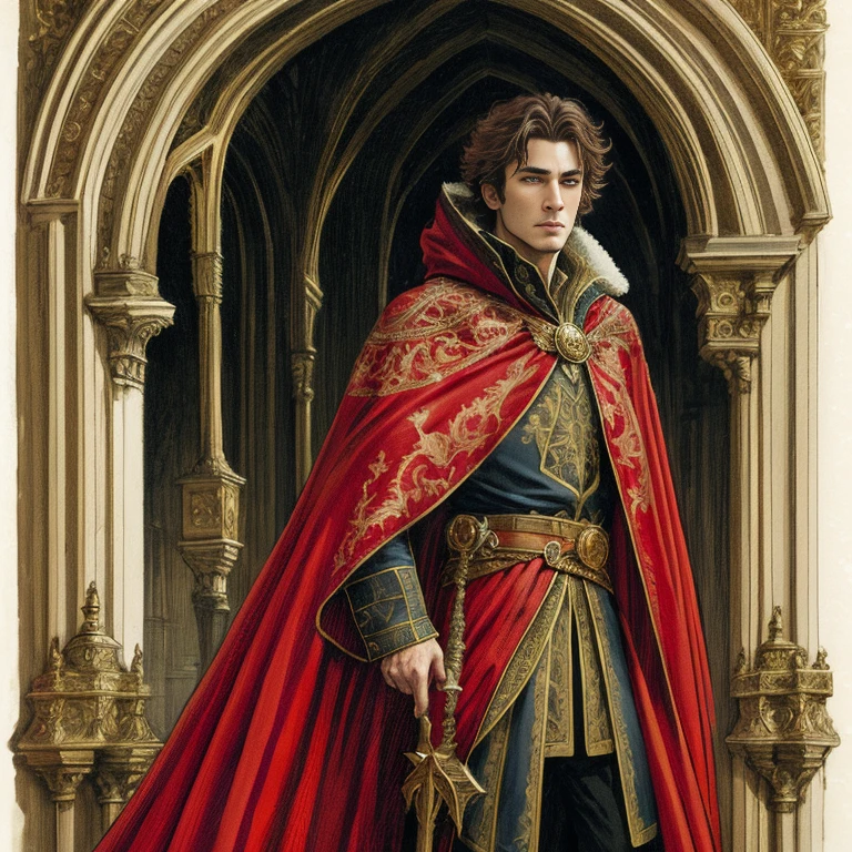 arafed image of a man in a red cloak and cape, dressed in a beautiful red cloak, portrait of fin wildcloak, wearing gilded red royal robes, portrait of merlin, wearing a luxurious royal cloak, portrait of a red sorcerer, red cloak, full color illustration, bored male prince, red cloak, extremely high details