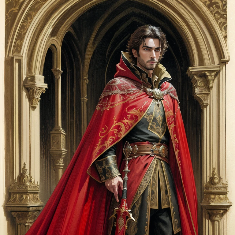arafed image of a man dressed in a red cloak and holding a sword, a character portrait by Pablo Munoz Gomez, Artstation contest winner, fantasy art, wearing gilded red royal robes, tom bagshaw donato giancola, adi granov, noble human male prince in black robes, portrait of merlin, casimir art, portrait of a red sorcerer, bored look on his face, pale brown hair, no beard