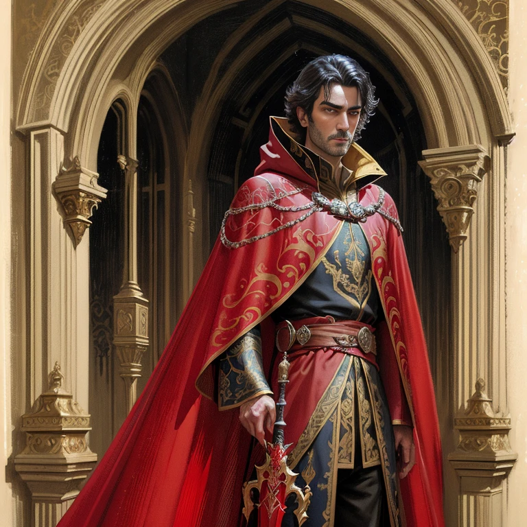 arafed image of a man in a red cloak and a red cape holding a sword, a character portrait by Pablo Munoz Gomez, Artstation contest winner, fantasy art, wearing red sorcerer's robes, portrait of a red sorcerer, wearing red sorcerers robes, wearing gilded red royal robes, guillem h. pongiluppi, casimir art, tom bagshaw donato giancola, adi granov, portrait of an arrogant noble human male prince, in red robes, portrait of merlin, casimir art, portrait of a red sorcerer, bored look on his face, clean shaven