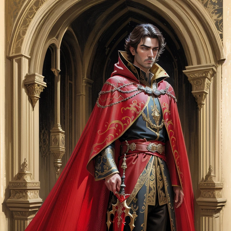 arafed image of a man in a red cloak and a red cape holding a sword, a character portrait by Pablo Munoz Gomez, Artstation contest winner, fantasy art, wearing red sorcerer's robes, portrait of a red sorcerer, wearing red sorcerers robes, wearing gilded red royal robes, guillem h. pongiluppi, casimir art, tom bagshaw donato giancola, adi granov, portrait of an arrogant noble human male prince, in red robes, portrait of merlin, casimir art, portrait of a red sorcerer, bored look on his face, pale brown hair, clean shaven, full color illustration, extremely high details