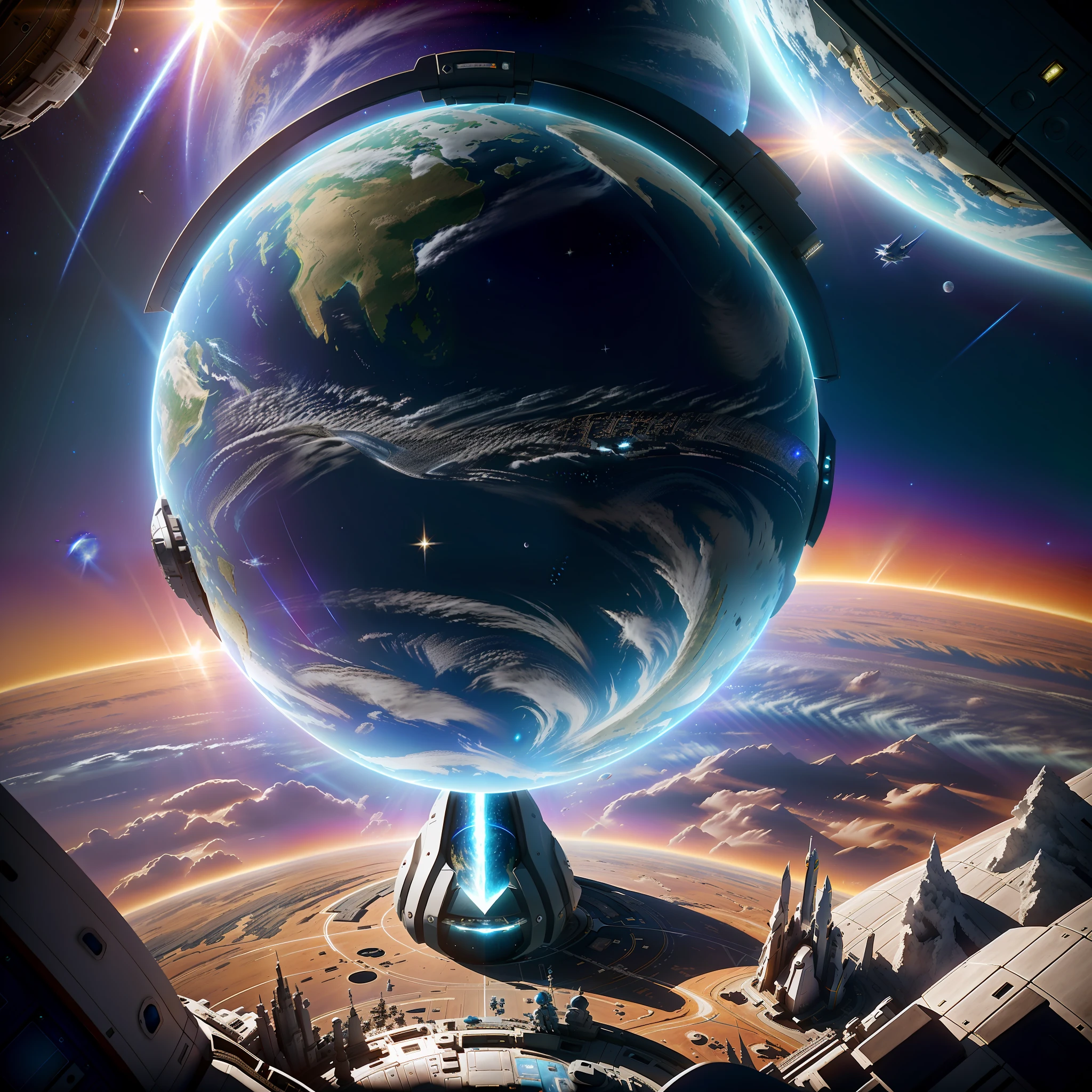 Spaceship, (earth view from space:1.2), photoshoot, realistic, 8k, horizon, sun peak, vivid colors, (filip hodas:1.2) style to girls dancing around