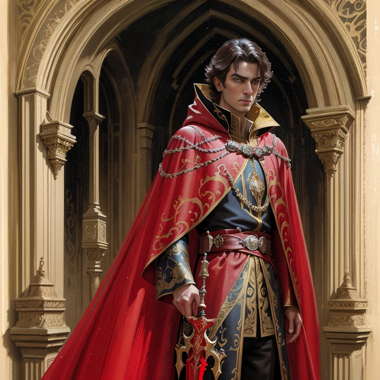 arafed image of a man in a red cloak and a red cape holding a sword, a character portrait by Pablo Munoz Gomez, Artstation contest winner, fantasy art, wearing red sorcerer's robes, portrait of a red sorcerer, wearing red sorcerers robes, wearing gilded red royal robes, guillem h. pongiluppi, casimir art, tom bagshaw donato giancola, adi granov, portrait of an arrogant noble human male prince, in red robes, portrait of merlin, casimir art, portrait of a red sorcerer, bored look on his face, pale brown hair, clean shaven, full color illustration, extremely high details